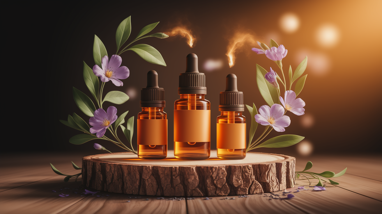 A conceptual illustration representing Smart Delivery Systems for Essential Oils. Visualize the main ideas: . Creative but clear representation of the concept. Style: Use shallow depth of field with selective focus to create a professional, intimate feel  Employ warm, natural lighting that casts a honey-golden glow on the main subjects  Position items on a rustic wooden surface, preferably a cross-section of a tree trunk with visible rings and natural texture  Incorporate vibrant green foliage and delicate purple flowers around the composition's edges  Maintain a soft, gently blurred natural background with subtle bokeh effect  Feature a harmonious color palette of amber, deep greens, and soft purples  Arrange elements at varying heights to create visual interest and natural flow  Create a clean, uncluttered composition that feels organic yet intentional  Capture fine details and textures with macro-photography techniques  Evoke a serene, botanical spa-like atmosphere that feels both premium and natural. high quality, detailed, professional, clean composition, good lighting, sharp focus, well-composed. high quality, professional, detailed, well-composed