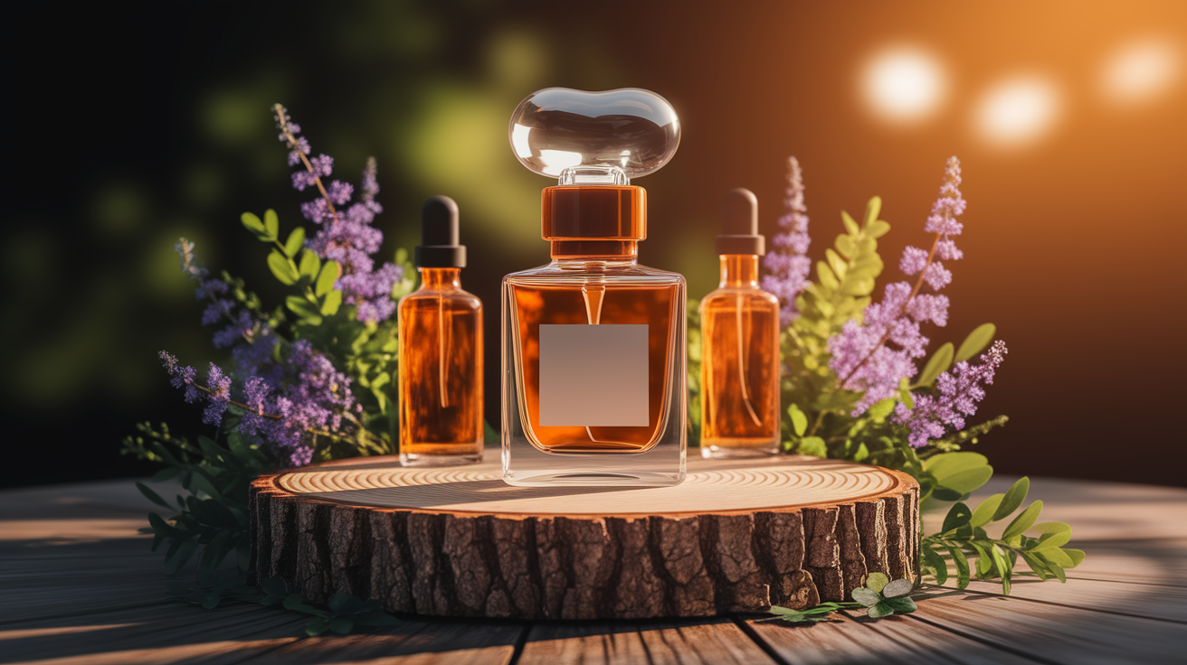 A conceptual illustration representing Olfactory Biomarkers in Digital Therapeutics. Visualize the main ideas: . Creative but clear representation of the concept. Style: Use shallow depth of field with selective focus to create a professional, intimate feel  Employ warm, natural lighting that casts a honey-golden glow on the main subjects  Position items on a rustic wooden surface, preferably a cross-section of a tree trunk with visible rings and natural texture  Incorporate vibrant green foliage and delicate purple flowers around the composition's edges  Maintain a soft, gently blurred natural background with subtle bokeh effect  Feature a harmonious color palette of amber, deep greens, and soft purples  Arrange elements at varying heights to create visual interest and natural flow  Create a clean, uncluttered composition that feels organic yet intentional  Capture fine details and textures with macro-photography techniques  Evoke a serene, botanical spa-like atmosphere that feels both premium and natural. high quality, detailed, professional, clean composition, good lighting, sharp focus, well-composed. high quality, professional, detailed, well-composed