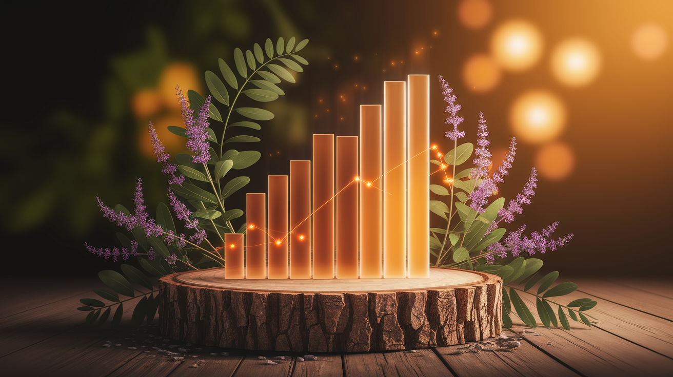 A conceptual illustration representing Clinical Applications and Evidence. Visualize the main ideas: . Creative but clear representation of the concept. Style: Use shallow depth of field with selective focus to create a professional, intimate feel  Employ warm, natural lighting that casts a honey-golden glow on the main subjects  Position items on a rustic wooden surface, preferably a cross-section of a tree trunk with visible rings and natural texture  Incorporate vibrant green foliage and delicate purple flowers around the composition's edges  Maintain a soft, gently blurred natural background with subtle bokeh effect  Feature a harmonious color palette of amber, deep greens, and soft purples  Arrange elements at varying heights to create visual interest and natural flow  Create a clean, uncluttered composition that feels organic yet intentional  Capture fine details and textures with macro-photography techniques  Evoke a serene, botanical spa-like atmosphere that feels both premium and natural. high quality, detailed, professional, clean composition, good lighting, sharp focus, well-composed. high quality, professional, detailed, well-composed