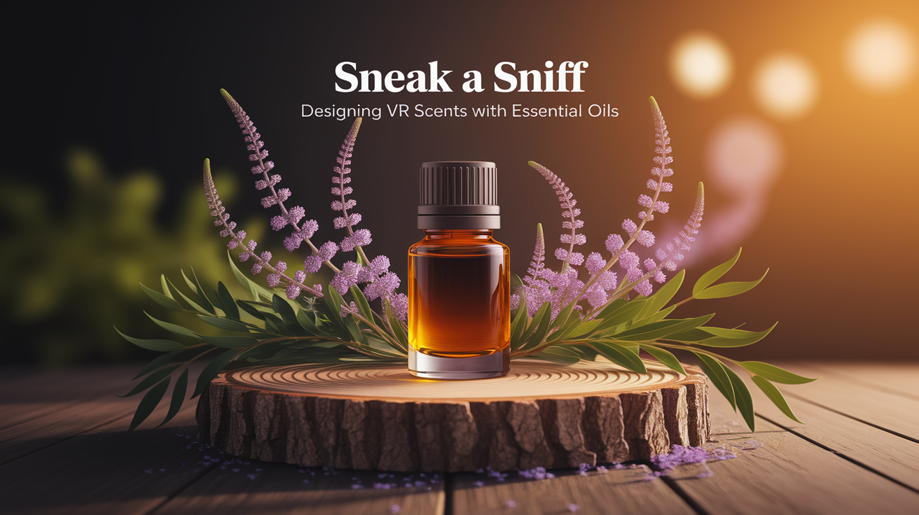 A conceptual illustration representing Sneak a Sniff â€“ Designing VR Scents with Essential Oils. Visualize the main ideas: . Creative but clear representation of the concept. Style: Use shallow depth of field with selective focus to create a professional, intimate feel  Employ warm, natural lighting that casts a honey-golden glow on the main subjects  Position items on a rustic wooden surface, preferably a cross-section of a tree trunk with visible rings and natural texture  Incorporate vibrant green foliage and delicate purple flowers around the composition's edges  Maintain a soft, gently blurred natural background with subtle bokeh effect  Feature a harmonious color palette of amber, deep greens, and soft purples  Arrange elements at varying heights to create visual interest and natural flow  Create a clean, uncluttered composition that feels organic yet intentional  Capture fine details and textures with macro-photography techniques  Evoke a serene, botanical spa-like atmosphere that feels both premium and natural. high quality, detailed, professional, clean composition, good lighting, sharp focus, well-composed. high quality, professional, detailed, well-composed