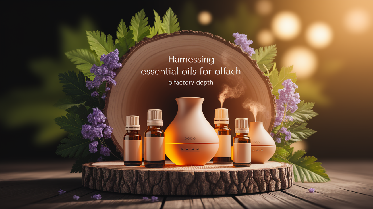A conceptual illustration representing Harnessing Essential Oils for Olfactory Depth. Visualize the main ideas: . Creative but clear representation of the concept. Style: Use shallow depth of field with selective focus to create a professional, intimate feel  Employ warm, natural lighting that casts a honey-golden glow on the main subjects  Position items on a rustic wooden surface, preferably a cross-section of a tree trunk with visible rings and natural texture  Incorporate vibrant green foliage and delicate purple flowers around the composition's edges  Maintain a soft, gently blurred natural background with subtle bokeh effect  Feature a harmonious color palette of amber, deep greens, and soft purples  Arrange elements at varying heights to create visual interest and natural flow  Create a clean, uncluttered composition that feels organic yet intentional  Capture fine details and textures with macro-photography techniques  Evoke a serene, botanical spa-like atmosphere that feels both premium and natural. high quality, detailed, professional, clean composition, good lighting, sharp focus, well-composed. high quality, professional, detailed, well-composed