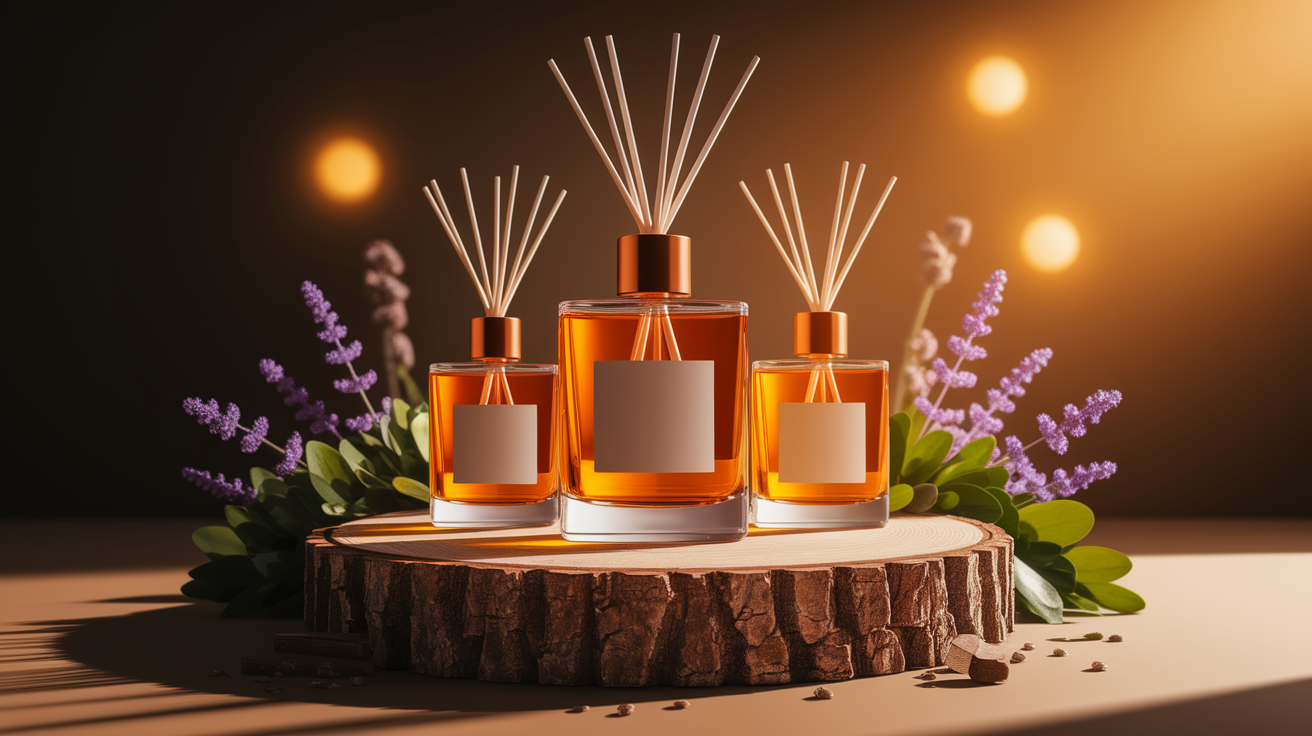 A conceptual illustration representing Scent Delivery Technologies in VR. Visualize the main ideas: . Creative but clear representation of the concept. Style: Use shallow depth of field with selective focus to create a professional, intimate feel  Employ warm, natural lighting that casts a honey-golden glow on the main subjects  Position items on a rustic wooden surface, preferably a cross-section of a tree trunk with visible rings and natural texture  Incorporate vibrant green foliage and delicate purple flowers around the composition's edges  Maintain a soft, gently blurred natural background with subtle bokeh effect  Feature a harmonious color palette of amber, deep greens, and soft purples  Arrange elements at varying heights to create visual interest and natural flow  Create a clean, uncluttered composition that feels organic yet intentional  Capture fine details and textures with macro-photography techniques  Evoke a serene, botanical spa-like atmosphere that feels both premium and natural. high quality, detailed, professional, clean composition, good lighting, sharp focus, well-composed. high quality, professional, detailed, well-composed
