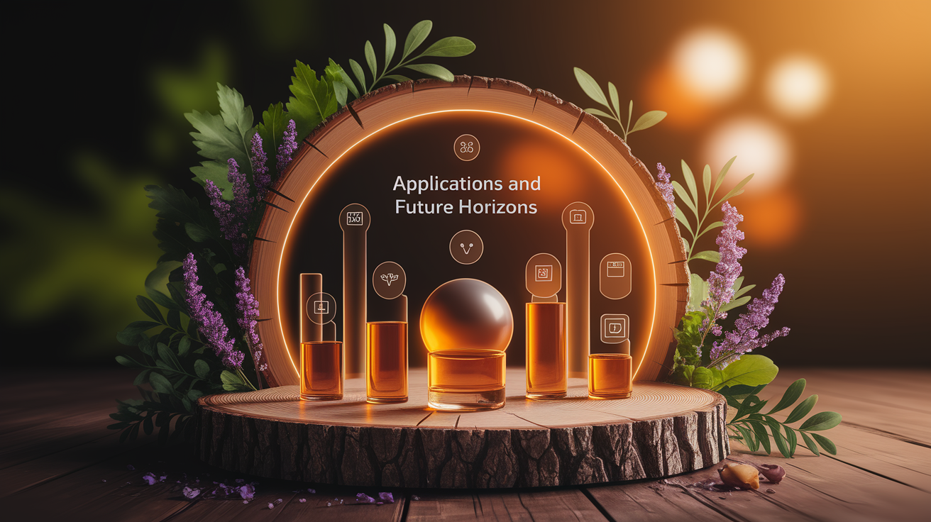 A conceptual illustration representing Applications and Future Horizons. Visualize the main ideas: . Creative but clear representation of the concept. Style: Use shallow depth of field with selective focus to create a professional, intimate feel  Employ warm, natural lighting that casts a honey-golden glow on the main subjects  Position items on a rustic wooden surface, preferably a cross-section of a tree trunk with visible rings and natural texture  Incorporate vibrant green foliage and delicate purple flowers around the composition's edges  Maintain a soft, gently blurred natural background with subtle bokeh effect  Feature a harmonious color palette of amber, deep greens, and soft purples  Arrange elements at varying heights to create visual interest and natural flow  Create a clean, uncluttered composition that feels organic yet intentional  Capture fine details and textures with macro-photography techniques  Evoke a serene, botanical spa-like atmosphere that feels both premium and natural. high quality, detailed, professional, clean composition, good lighting, sharp focus, well-composed. high quality, professional, detailed, well-composed