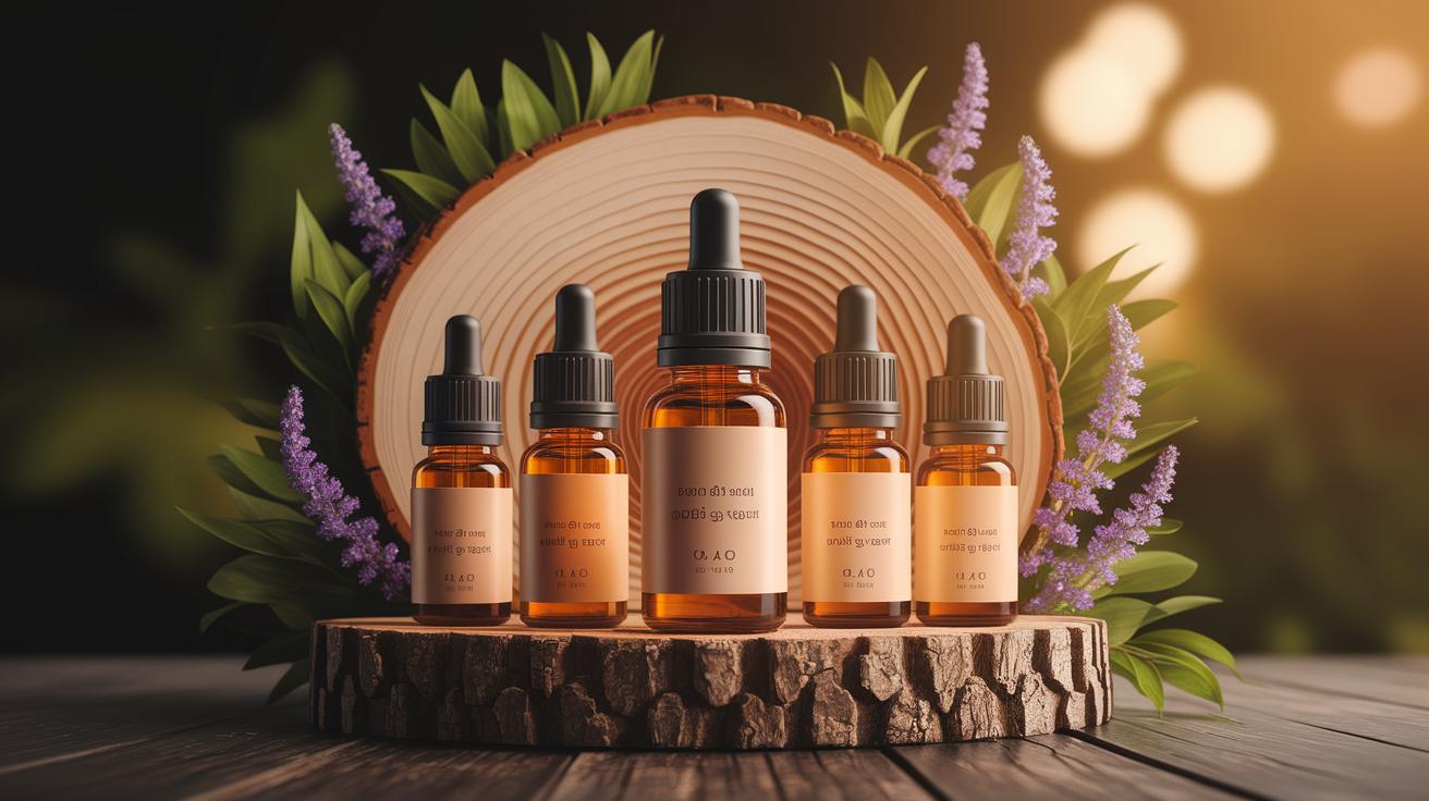 A conceptual illustration representing Introduction - The Truth Behind Essential Oil Grades. Visualize the main ideas: . Creative but clear representation of the concept. Style: Use shallow depth of field with selective focus to create a professional, intimate feel  Employ warm, natural lighting that casts a honey-golden glow on the main subjects  Position items on a rustic wooden surface, preferably a cross-section of a tree trunk with visible rings and natural texture  Incorporate vibrant green foliage and delicate purple flowers around the composition's edges  Maintain a soft, gently blurred natural background with subtle bokeh effect  Feature a harmonious color palette of amber, deep greens, and soft purples  Arrange elements at varying heights to create visual interest and natural flow  Create a clean, uncluttered composition that feels organic yet intentional  Capture fine details and textures with macro-photography techniques  Evoke a serene, botanical spa-like atmosphere that feels both premium and natural. high quality, detailed, professional, clean composition, good lighting, sharp focus, well-composed. high quality, professional, detailed, well-composed
