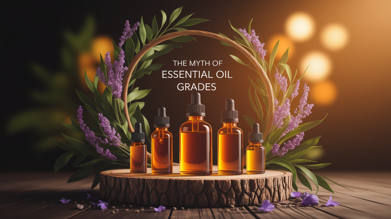 A conceptual illustration representing The Myth of Essential Oil Grades. Visualize the main ideas: . Creative but clear representation of the concept. Style: Use shallow depth of field with selective focus to create a professional, intimate feel  Employ warm, natural lighting that casts a honey-golden glow on the main subjects  Position items on a rustic wooden surface, preferably a cross-section of a tree trunk with visible rings and natural texture  Incorporate vibrant green foliage and delicate purple flowers around the composition's edges  Maintain a soft, gently blurred natural background with subtle bokeh effect  Feature a harmonious color palette of amber, deep greens, and soft purples  Arrange elements at varying heights to create visual interest and natural flow  Create a clean, uncluttered composition that feels organic yet intentional  Capture fine details and textures with macro-photography techniques  Evoke a serene, botanical spa-like atmosphere that feels both premium and natural. high quality, detailed, professional, clean composition, good lighting, sharp focus, well-composed. high quality, professional, detailed, well-composed