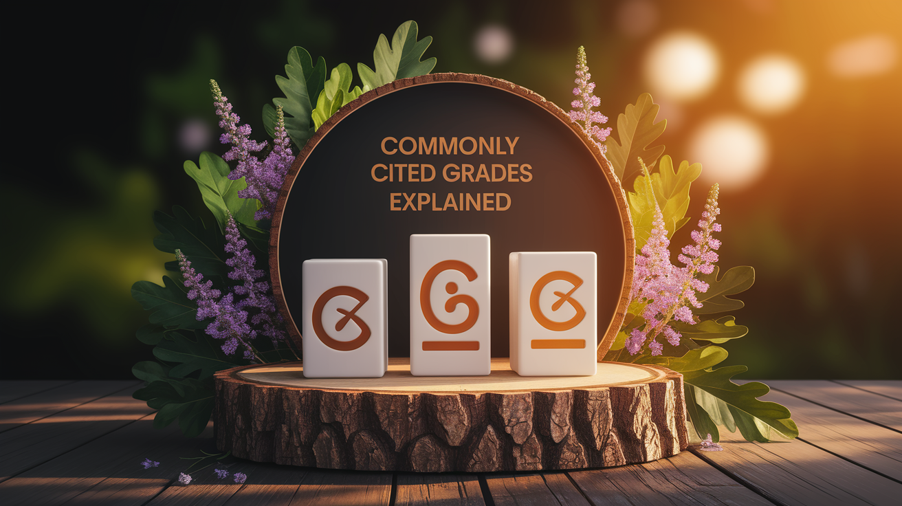 A conceptual illustration representing Commonly Cited Grades Explained. Visualize the main ideas: . Creative but clear representation of the concept. Style: Use shallow depth of field with selective focus to create a professional, intimate feel  Employ warm, natural lighting that casts a honey-golden glow on the main subjects  Position items on a rustic wooden surface, preferably a cross-section of a tree trunk with visible rings and natural texture  Incorporate vibrant green foliage and delicate purple flowers around the composition's edges  Maintain a soft, gently blurred natural background with subtle bokeh effect  Feature a harmonious color palette of amber, deep greens, and soft purples  Arrange elements at varying heights to create visual interest and natural flow  Create a clean, uncluttered composition that feels organic yet intentional  Capture fine details and textures with macro-photography techniques  Evoke a serene, botanical spa-like atmosphere that feels both premium and natural. high quality, detailed, professional, clean composition, good lighting, sharp focus, well-composed. high quality, professional, detailed, well-composed