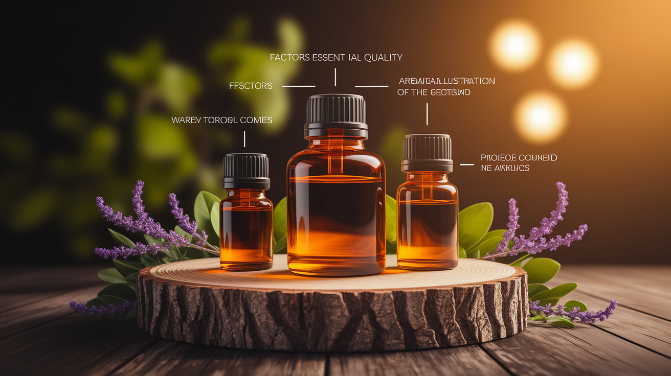 A conceptual illustration representing Factors Influencing Essential Oil Quality. Visualize the main ideas: . Creative but clear representation of the concept. Style: Use shallow depth of field with selective focus to create a professional, intimate feel  Employ warm, natural lighting that casts a honey-golden glow on the main subjects  Position items on a rustic wooden surface, preferably a cross-section of a tree trunk with visible rings and natural texture  Incorporate vibrant green foliage and delicate purple flowers around the composition's edges  Maintain a soft, gently blurred natural background with subtle bokeh effect  Feature a harmonious color palette of amber, deep greens, and soft purples  Arrange elements at varying heights to create visual interest and natural flow  Create a clean, uncluttered composition that feels organic yet intentional  Capture fine details and textures with macro-photography techniques  Evoke a serene, botanical spa-like atmosphere that feels both premium and natural. high quality, detailed, professional, clean composition, good lighting, sharp focus, well-composed. high quality, professional, detailed, well-composed
