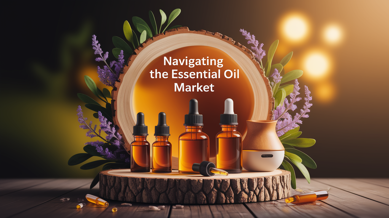 A conceptual illustration representing Navigating the Essential Oil Market. Visualize the main ideas: . Creative but clear representation of the concept. Style: Use shallow depth of field with selective focus to create a professional, intimate feel  Employ warm, natural lighting that casts a honey-golden glow on the main subjects  Position items on a rustic wooden surface, preferably a cross-section of a tree trunk with visible rings and natural texture  Incorporate vibrant green foliage and delicate purple flowers around the composition's edges  Maintain a soft, gently blurred natural background with subtle bokeh effect  Feature a harmonious color palette of amber, deep greens, and soft purples  Arrange elements at varying heights to create visual interest and natural flow  Create a clean, uncluttered composition that feels organic yet intentional  Capture fine details and textures with macro-photography techniques  Evoke a serene, botanical spa-like atmosphere that feels both premium and natural. high quality, detailed, professional, clean composition, good lighting, sharp focus, well-composed. high quality, professional, detailed, well-composed