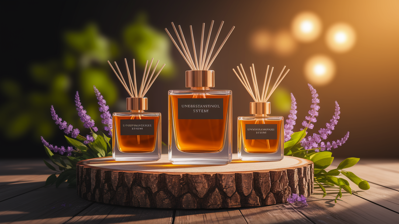 A conceptual illustration representing Understanding Smart Scent Systems. Visualize the main ideas: . Creative but clear representation of the concept. Style: Use shallow depth of field with selective focus to create a professional, intimate feel Employ warm, natural lighting that casts a honey-golden glow on the main subjects Position items on a rustic wooden surface, preferably a cross-section of a tree trunk with visible rings and natural texture Incorporate vibrant green foliage and delicate purple flowers around the composition's edges Maintain a soft, gently blurred natural background with subtle bokeh effect Feature a harmonious color palette of amber, deep greens, and soft purples Arrange elements at varying heights to create visual interest and natural flow Create a clean, uncluttered composition that feels organic yet intentional Capture fine details and textures with macro-photography techniques Evoke a serene, botanical spa-like atmosphere that feels both premium and natural. high quality, detailed, professional, clean composition, good lighting, sharp focus, well-composed. high quality, professional, detailed, well-composed