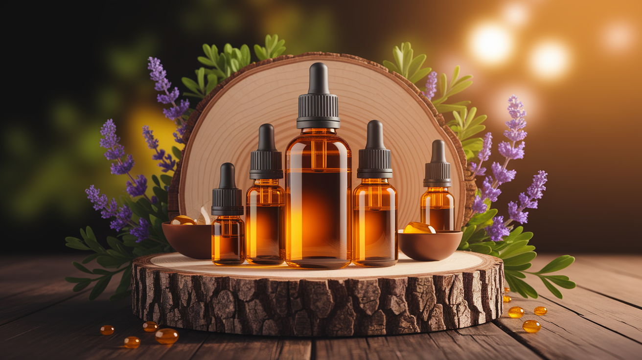 A conceptual illustration representing Essential Oil Integration. Visualize the main ideas: . Creative but clear representation of the concept. Style: Use shallow depth of field with selective focus to create a professional, intimate feel Employ warm, natural lighting that casts a honey-golden glow on the main subjects Position items on a rustic wooden surface, preferably a cross-section of a tree trunk with visible rings and natural texture Incorporate vibrant green foliage and delicate purple flowers around the composition's edges Maintain a soft, gently blurred natural background with subtle bokeh effect Feature a harmonious color palette of amber, deep greens, and soft purples Arrange elements at varying heights to create visual interest and natural flow Create a clean, uncluttered composition that feels organic yet intentional Capture fine details and textures with macro-photography techniques Evoke a serene, botanical spa-like atmosphere that feels both premium and natural. high quality, detailed, professional, clean composition, good lighting, sharp focus, well-composed. high quality, professional, detailed, well-composed