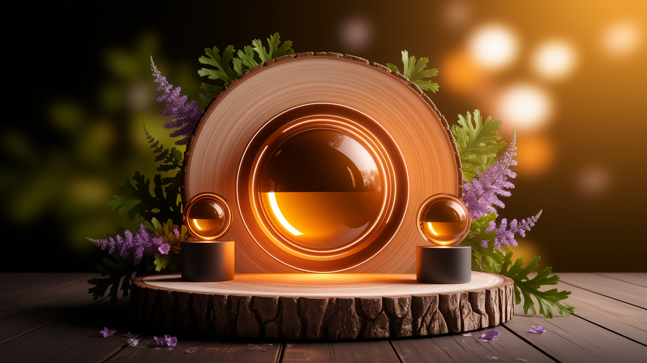 A conceptual illustration representing Applications in Commercial Spaces. Visualize the main ideas: . Creative but clear representation of the concept. Style: Use shallow depth of field with selective focus to create a professional, intimate feel Employ warm, natural lighting that casts a honey-golden glow on the main subjects Position items on a rustic wooden surface, preferably a cross-section of a tree trunk with visible rings and natural texture Incorporate vibrant green foliage and delicate purple flowers around the composition's edges Maintain a soft, gently blurred natural background with subtle bokeh effect Feature a harmonious color palette of amber, deep greens, and soft purples Arrange elements at varying heights to create visual interest and natural flow Create a clean, uncluttered composition that feels organic yet intentional Capture fine details and textures with macro-photography techniques Evoke a serene, botanical spa-like atmosphere that feels both premium and natural. high quality, detailed, professional, clean composition, good lighting, sharp focus, well-composed. high quality, professional, detailed, well-composed