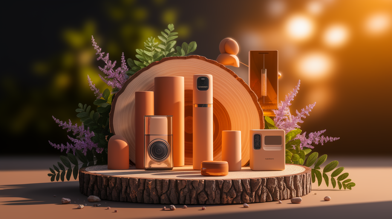 A conceptual illustration representing Features and Benefits of Modern Systems. Visualize the main ideas: . Creative but clear representation of the concept. Style: Use shallow depth of field with selective focus to create a professional, intimate feel Employ warm, natural lighting that casts a honey-golden glow on the main subjects Position items on a rustic wooden surface, preferably a cross-section of a tree trunk with visible rings and natural texture Incorporate vibrant green foliage and delicate purple flowers around the composition's edges Maintain a soft, gently blurred natural background with subtle bokeh effect Feature a harmonious color palette of amber, deep greens, and soft purples Arrange elements at varying heights to create visual interest and natural flow Create a clean, uncluttered composition that feels organic yet intentional Capture fine details and textures with macro-photography techniques Evoke a serene, botanical spa-like atmosphere that feels both premium and natural. high quality, detailed, professional, clean composition, good lighting, sharp focus, well-composed. high quality, professional, detailed, well-composed