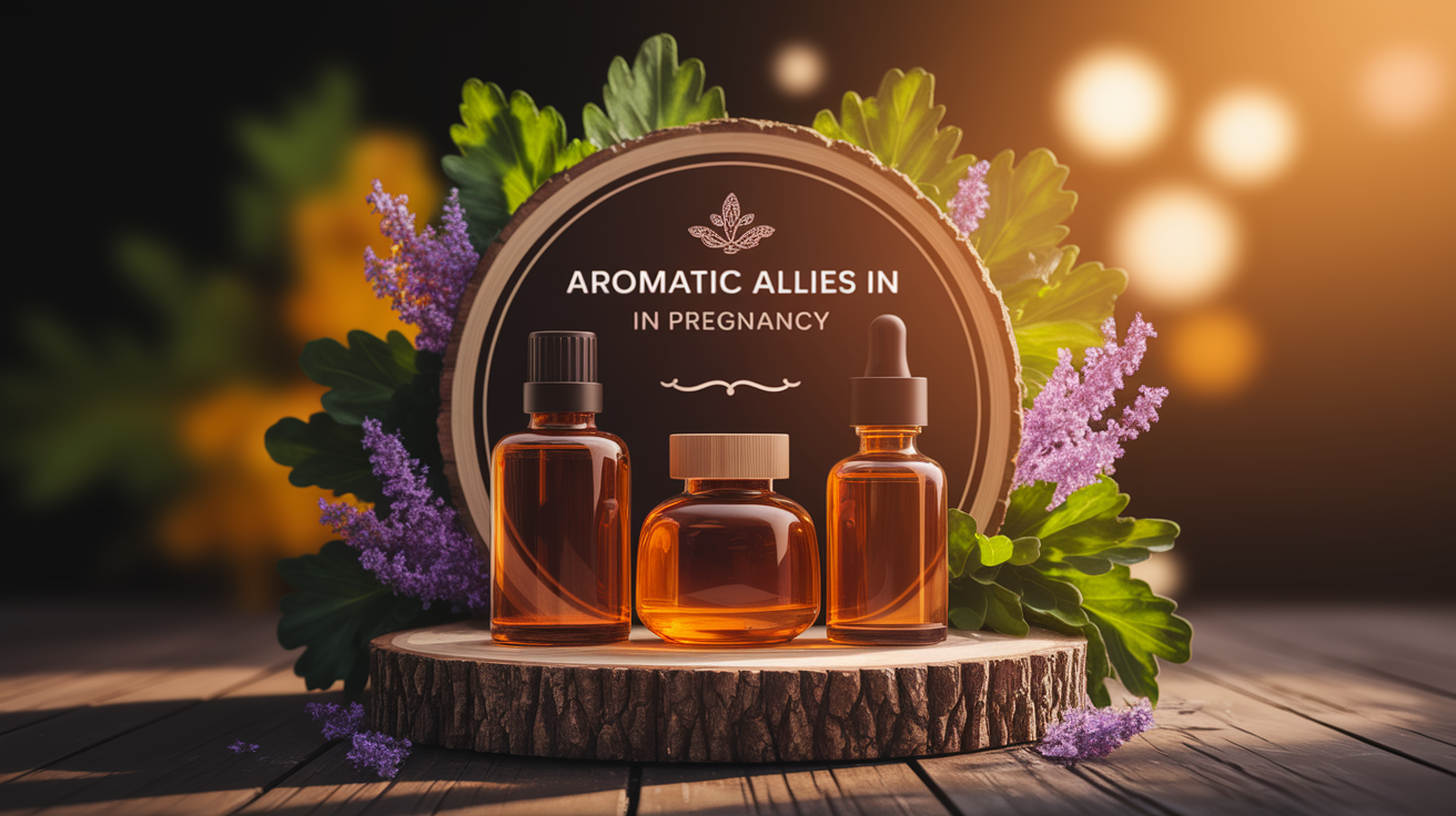 A conceptual illustration representing Introduction - Aromatic Allies in Pregnancy. Visualize the main ideas: . Creative but clear representation of the concept. Style: Use shallow depth of field with selective focus to create a professional, intimate feel  Employ warm, natural lighting that casts a honey-golden glow on the main subjects  Position items on a rustic wooden surface, preferably a cross-section of a tree trunk with visible rings and natural texture  Incorporate vibrant green foliage and delicate purple flowers around the composition's edges  Maintain a soft, gently blurred natural background with subtle bokeh effect  Feature a harmonious color palette of amber, deep greens, and soft purples  Arrange elements at varying heights to create visual interest and natural flow  Create a clean, uncluttered composition that feels organic yet intentional  Capture fine details and textures with macro-photography techniques  Evoke a serene, botanical spa-like atmosphere that feels both premium and natural. high quality, detailed, professional, clean composition, good lighting, sharp focus, well-composed. high quality, professional, detailed, well-composed