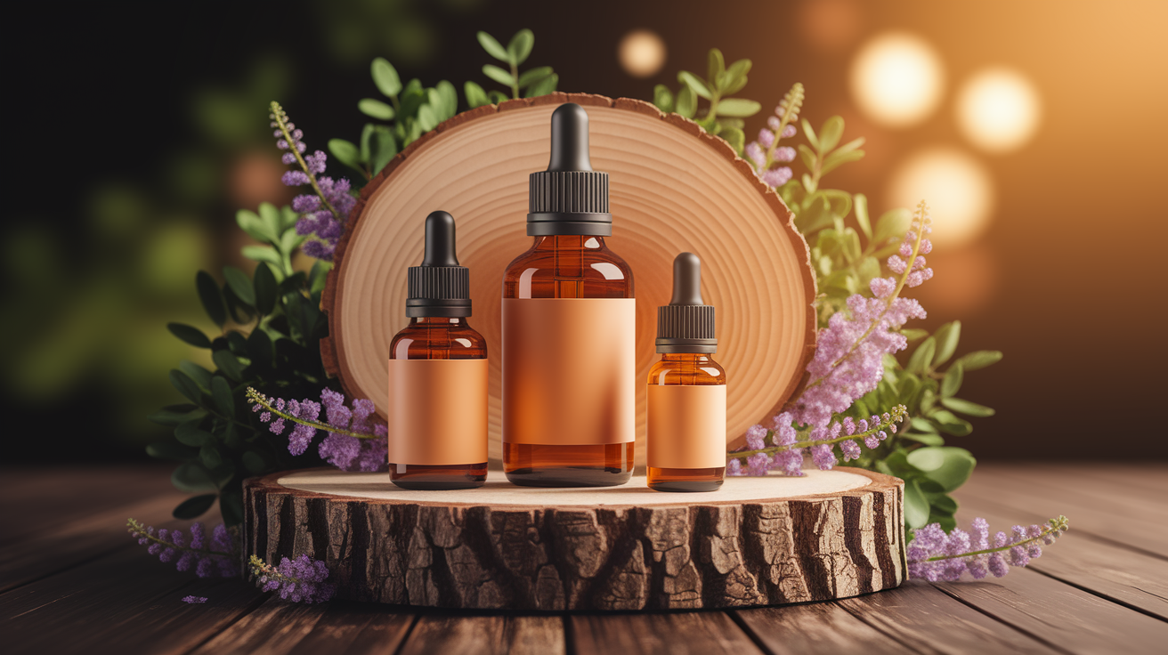 A conceptual illustration representing Safe Practices for Using Essential Oils During Pregnancy. Visualize the main ideas: . Creative but clear representation of the concept. Style: Use shallow depth of field with selective focus to create a professional, intimate feel  Employ warm, natural lighting that casts a honey-golden glow on the main subjects  Position items on a rustic wooden surface, preferably a cross-section of a tree trunk with visible rings and natural texture  Incorporate vibrant green foliage and delicate purple flowers around the composition's edges  Maintain a soft, gently blurred natural background with subtle bokeh effect  Feature a harmonious color palette of amber, deep greens, and soft purples  Arrange elements at varying heights to create visual interest and natural flow  Create a clean, uncluttered composition that feels organic yet intentional  Capture fine details and textures with macro-photography techniques  Evoke a serene, botanical spa-like atmosphere that feels both premium and natural. high quality, detailed, professional, clean composition, good lighting, sharp focus, well-composed. high quality, professional, detailed, well-composed