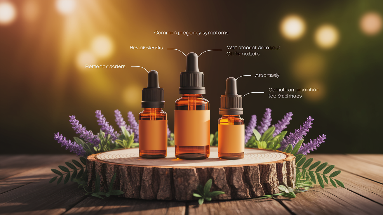 A conceptual illustration representing Common Pregnancy Symptoms and Essential Oil Remedies. Visualize the main ideas: . Creative but clear representation of the concept. Style: Use shallow depth of field with selective focus to create a professional, intimate feel  Employ warm, natural lighting that casts a honey-golden glow on the main subjects  Position items on a rustic wooden surface, preferably a cross-section of a tree trunk with visible rings and natural texture  Incorporate vibrant green foliage and delicate purple flowers around the composition's edges  Maintain a soft, gently blurred natural background with subtle bokeh effect  Feature a harmonious color palette of amber, deep greens, and soft purples  Arrange elements at varying heights to create visual interest and natural flow  Create a clean, uncluttered composition that feels organic yet intentional  Capture fine details and textures with macro-photography techniques  Evoke a serene, botanical spa-like atmosphere that feels both premium and natural. high quality, detailed, professional, clean composition, good lighting, sharp focus, well-composed. high quality, professional, detailed, well-composed