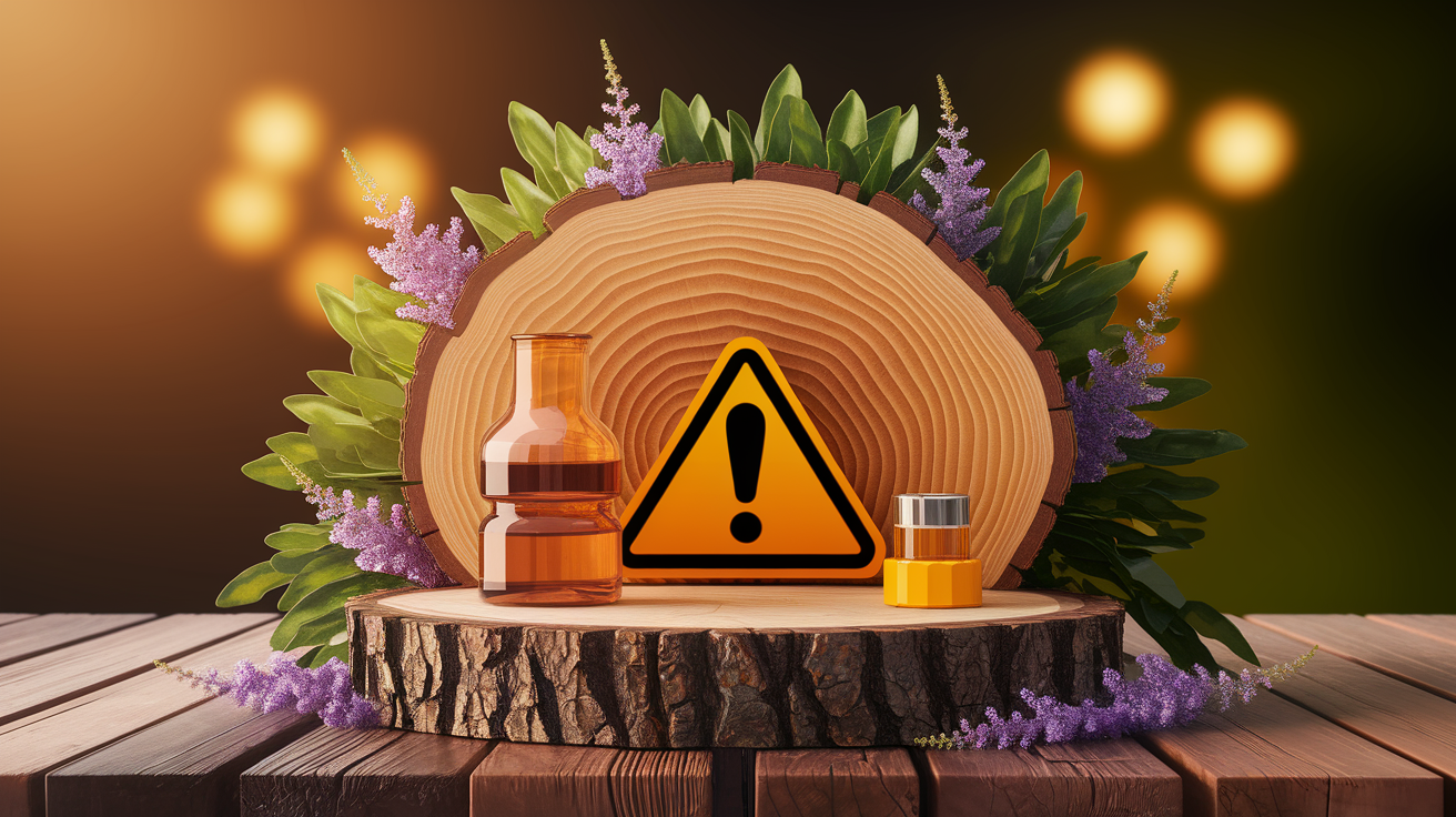 A conceptual illustration representing Safety Concerns and Precautions. Visualize the main ideas: . Creative but clear representation of the concept. Style: Use shallow depth of field with selective focus to create a professional, intimate feel  Employ warm, natural lighting that casts a honey-golden glow on the main subjects  Position items on a rustic wooden surface, preferably a cross-section of a tree trunk with visible rings and natural texture  Incorporate vibrant green foliage and delicate purple flowers around the composition's edges  Maintain a soft, gently blurred natural background with subtle bokeh effect  Feature a harmonious color palette of amber, deep greens, and soft purples  Arrange elements at varying heights to create visual interest and natural flow  Create a clean, uncluttered composition that feels organic yet intentional  Capture fine details and textures with macro-photography techniques  Evoke a serene, botanical spa-like atmosphere that feels both premium and natural. high quality, detailed, professional, clean composition, good lighting, sharp focus, well-composed. high quality, professional, detailed, well-composed