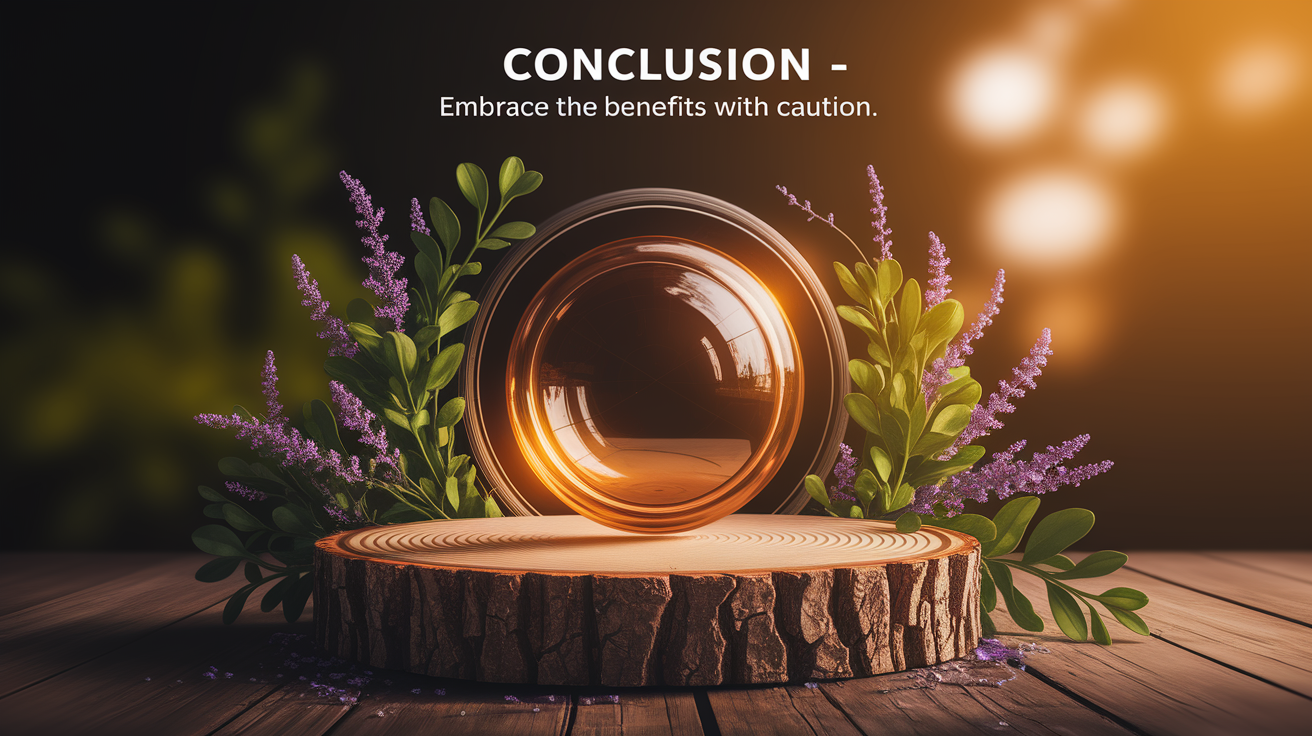 A conceptual illustration representing Conclusion - Embrace the Benefits with Caution. Visualize the main ideas: . Creative but clear representation of the concept. Style: Use shallow depth of field with selective focus to create a professional, intimate feel  Employ warm, natural lighting that casts a honey-golden glow on the main subjects  Position items on a rustic wooden surface, preferably a cross-section of a tree trunk with visible rings and natural texture  Incorporate vibrant green foliage and delicate purple flowers around the composition's edges  Maintain a soft, gently blurred natural background with subtle bokeh effect  Feature a harmonious color palette of amber, deep greens, and soft purples  Arrange elements at varying heights to create visual interest and natural flow  Create a clean, uncluttered composition that feels organic yet intentional  Capture fine details and textures with macro-photography techniques  Evoke a serene, botanical spa-like atmosphere that feels both premium and natural. high quality, detailed, professional, clean composition, good lighting, sharp focus, well-composed. high quality, professional, detailed, well-composed