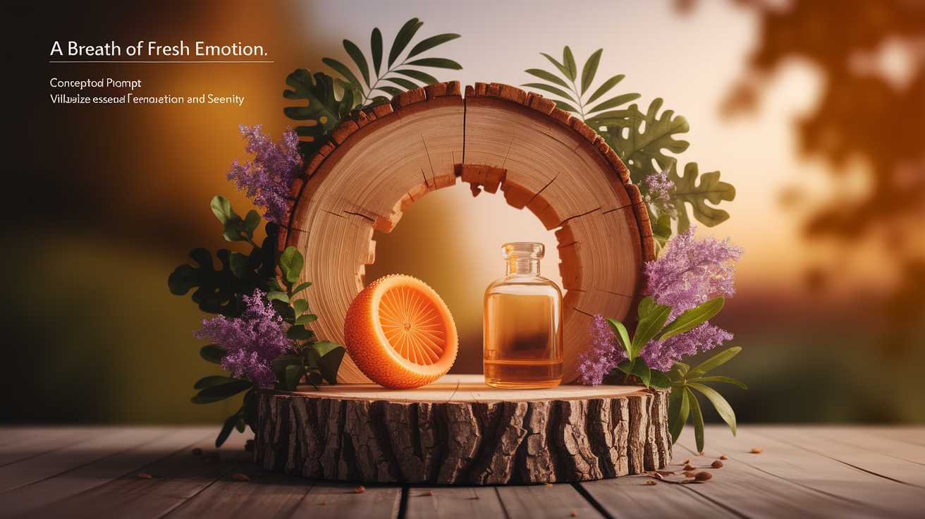 A conceptual illustration representing Introduction: A Breath of Fresh Emotion. Visualize the main ideas: . Creative but clear representation of the concept. Style: Use shallow depth of field with selective focus to create a professional, intimate feel Employ warm, natural lighting that casts a honey-golden glow on the main subjects Position items on a rustic wooden surface, preferably a cross-section of a tree trunk with visible rings and natural texture Incorporate vibrant green foliage and delicate purple flowers around the composition's edges Maintain a soft, gently blurred natural background with subtle bokeh effect Feature a harmonious color palette of amber, deep greens, and soft purples Arrange elements at varying heights to create visual interest and natural flow Create a clean, uncluttered composition that feels organic yet intentional Capture fine details and textures with macro-photography techniques Evoke a serene, botanical spa-like atmosphere that feels both premium and natural. high quality, detailed, professional, clean composition, good lighting, sharp focus, well-composed. high quality, professional, detailed, well-composed