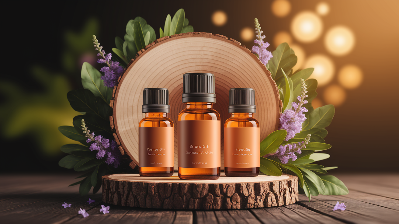 A conceptual illustration representing Popular Essential Oils for Mood Enhancement. Visualize the main ideas: . Creative but clear representation of the concept. Style: Use shallow depth of field with selective focus to create a professional, intimate feel Employ warm, natural lighting that casts a honey-golden glow on the main subjects Position items on a rustic wooden surface, preferably a cross-section of a tree trunk with visible rings and natural texture Incorporate vibrant green foliage and delicate purple flowers around the composition's edges Maintain a soft, gently blurred natural background with subtle bokeh effect Feature a harmonious color palette of amber, deep greens, and soft purples Arrange elements at varying heights to create visual interest and natural flow Create a clean, uncluttered composition that feels organic yet intentional Capture fine details and textures with macro-photography techniques Evoke a serene, botanical spa-like atmosphere that feels both premium and natural. high quality, detailed, professional, clean composition, good lighting, sharp focus, well-composed. high quality, professional, detailed, well-composed