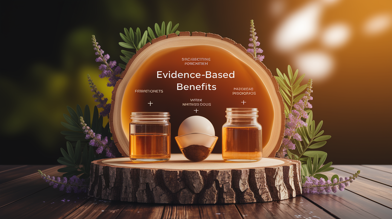 A conceptual illustration representing Evidence-Based Benefits. Visualize the main ideas: . Creative but clear representation of the concept. Style: Use shallow depth of field with selective focus to create a professional, intimate feel Employ warm, natural lighting that casts a honey-golden glow on the main subjects Position items on a rustic wooden surface, preferably a cross-section of a tree trunk with visible rings and natural texture Incorporate vibrant green foliage and delicate purple flowers around the composition's edges Maintain a soft, gently blurred natural background with subtle bokeh effect Feature a harmonious color palette of amber, deep greens, and soft purples Arrange elements at varying heights to create visual interest and natural flow Create a clean, uncluttered composition that feels organic yet intentional Capture fine details and textures with macro-photography techniques Evoke a serene, botanical spa-like atmosphere that feels both premium and natural. high quality, detailed, professional, clean composition, good lighting, sharp focus, well-composed. high quality, professional, detailed, well-composed