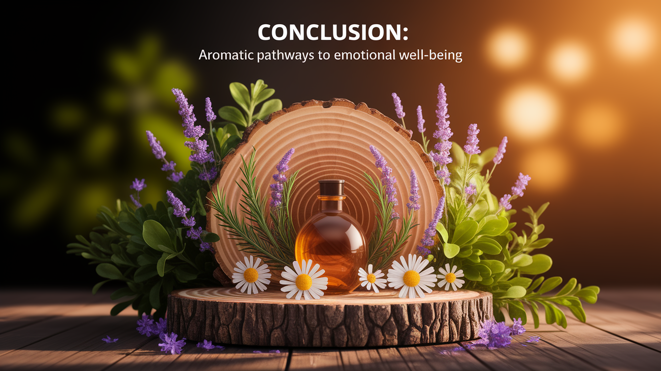 A conceptual illustration representing Conclusion: Aromatic Pathways to Emotional Well-being. Visualize the main ideas: . Creative but clear representation of the concept. Style: Use shallow depth of field with selective focus to create a professional, intimate feel Employ warm, natural lighting that casts a honey-golden glow on the main subjects Position items on a rustic wooden surface, preferably a cross-section of a tree trunk with visible rings and natural texture Incorporate vibrant green foliage and delicate purple flowers around the composition's edges Maintain a soft, gently blurred natural background with subtle bokeh effect Feature a harmonious color palette of amber, deep greens, and soft purples Arrange elements at varying heights to create visual interest and natural flow Create a clean, uncluttered composition that feels organic yet intentional Capture fine details and textures with macro-photography techniques Evoke a serene, botanical spa-like atmosphere that feels both premium and natural. high quality, detailed, professional, clean composition, good lighting, sharp focus, well-composed. high quality, professional, detailed, well-composed