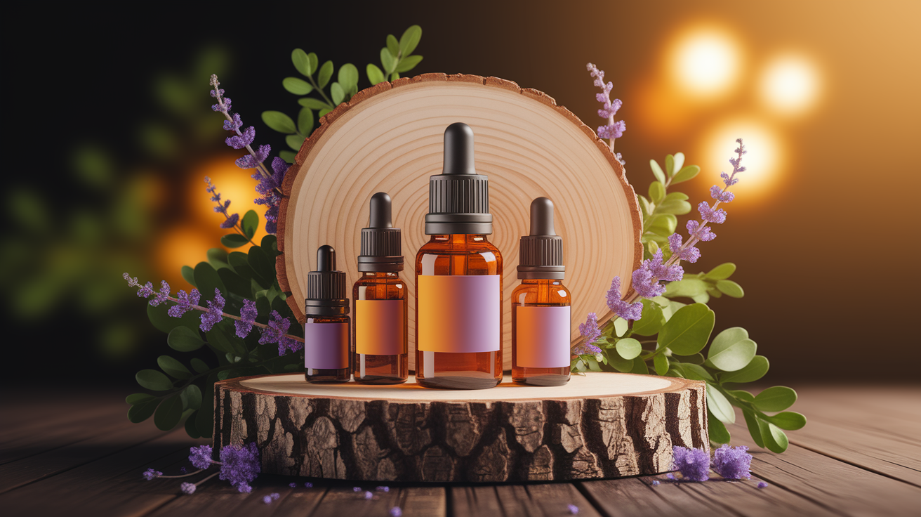 A conceptual illustration representing The Science Behind Essential Oils and Relaxation. Visualize the main ideas: . Creative but clear representation of the concept. Style: Use shallow depth of field with selective focus to create a professional, intimate feel  Employ warm, natural lighting that casts a honey-golden glow on the main subjects  Position items on a rustic wooden surface, preferably a cross-section of a tree trunk with visible rings and natural texture  Incorporate vibrant green foliage and delicate purple flowers around the composition's edges  Maintain a soft, gently blurred natural background with subtle bokeh effect  Feature a harmonious color palette of amber, deep greens, and soft purples  Arrange elements at varying heights to create visual interest and natural flow  Create a clean, uncluttered composition that feels organic yet intentional  Capture fine details and textures with macro-photography techniques  Evoke a serene, botanical spa-like atmosphere that feels both premium and natural. high quality, detailed, professional, clean composition, good lighting, sharp focus, well-composed. high quality, professional, detailed, well-composed