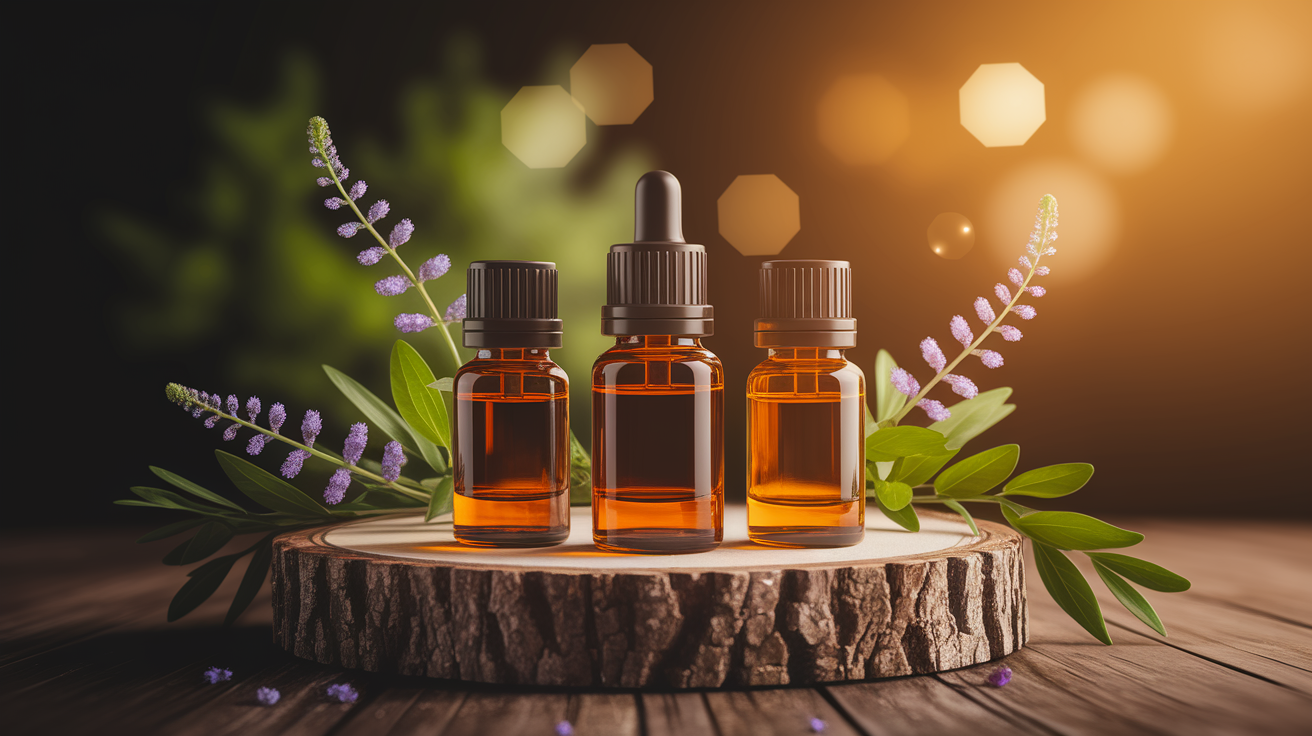 A conceptual illustration representing Methods of Using Essential Oils. Visualize the main ideas: . Creative but clear representation of the concept. Style: Use shallow depth of field with selective focus to create a professional, intimate feel  Employ warm, natural lighting that casts a honey-golden glow on the main subjects  Position items on a rustic wooden surface, preferably a cross-section of a tree trunk with visible rings and natural texture  Incorporate vibrant green foliage and delicate purple flowers around the composition's edges  Maintain a soft, gently blurred natural background with subtle bokeh effect  Feature a harmonious color palette of amber, deep greens, and soft purples  Arrange elements at varying heights to create visual interest and natural flow  Create a clean, uncluttered composition that feels organic yet intentional  Capture fine details and textures with macro-photography techniques  Evoke a serene, botanical spa-like atmosphere that feels both premium and natural. high quality, detailed, professional, clean composition, good lighting, sharp focus, well-composed. high quality, professional, detailed, well-composed
