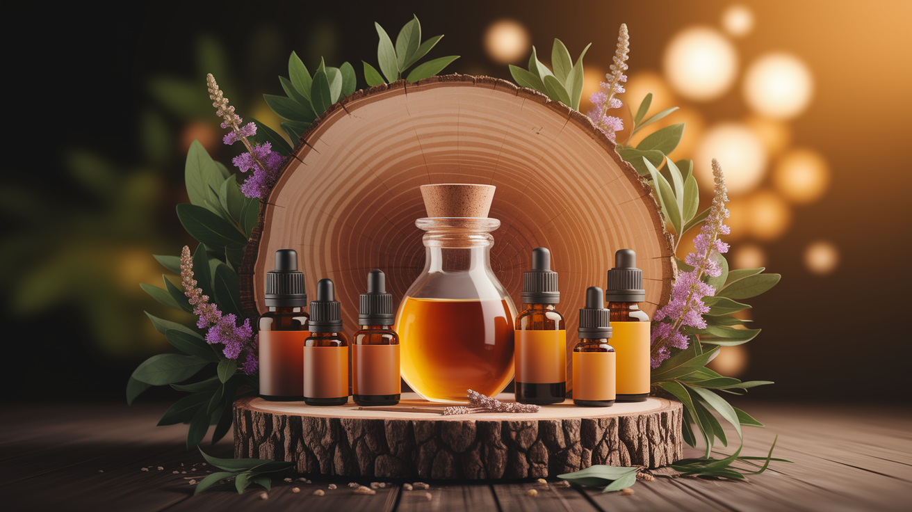 A conceptual illustration representing Blending Essential Oils for Enhanced Effects. Visualize the main ideas: . Creative but clear representation of the concept. Style: Use shallow depth of field with selective focus to create a professional, intimate feel  Employ warm, natural lighting that casts a honey-golden glow on the main subjects  Position items on a rustic wooden surface, preferably a cross-section of a tree trunk with visible rings and natural texture  Incorporate vibrant green foliage and delicate purple flowers around the composition's edges  Maintain a soft, gently blurred natural background with subtle bokeh effect  Feature a harmonious color palette of amber, deep greens, and soft purples  Arrange elements at varying heights to create visual interest and natural flow  Create a clean, uncluttered composition that feels organic yet intentional  Capture fine details and textures with macro-photography techniques  Evoke a serene, botanical spa-like atmosphere that feels both premium and natural. high quality, detailed, professional, clean composition, good lighting, sharp focus, well-composed. high quality, professional, detailed, well-composed