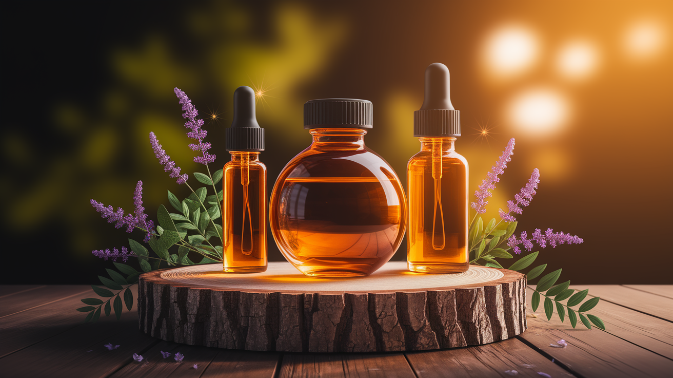 A conceptual illustration representing Safety and Efficacy Considerations. Visualize the main ideas: . Creative but clear representation of the concept. Style: Use shallow depth of field with selective focus to create a professional, intimate feel  Employ warm, natural lighting that casts a honey-golden glow on the main subjects  Position items on a rustic wooden surface, preferably a cross-section of a tree trunk with visible rings and natural texture  Incorporate vibrant green foliage and delicate purple flowers around the composition's edges  Maintain a soft, gently blurred natural background with subtle bokeh effect  Feature a harmonious color palette of amber, deep greens, and soft purples  Arrange elements at varying heights to create visual interest and natural flow  Create a clean, uncluttered composition that feels organic yet intentional  Capture fine details and textures with macro-photography techniques  Evoke a serene, botanical spa-like atmosphere that feels both premium and natural. high quality, detailed, professional, clean composition, good lighting, sharp focus, well-composed. high quality, professional, detailed, well-composed