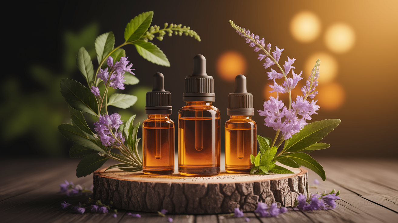 A conceptual illustration representing Understanding Essential Oils and Their Benefits. Visualize the main ideas: . Creative but clear representation of the concept. Style: Use shallow depth of field with selective focus to create a professional, intimate feel  Employ warm, natural lighting that casts a honey-golden glow on the main subjects  Position items on a rustic wooden surface, preferably a cross-section of a tree trunk with visible rings and natural texture  Incorporate vibrant green foliage and delicate purple flowers around the composition's edges  Maintain a soft, gently blurred natural background with subtle bokeh effect  Feature a harmonious color palette of amber, deep greens, and soft purples  Arrange elements at varying heights to create visual interest and natural flow  Create a clean, uncluttered composition that feels organic yet intentional  Capture fine details and textures with macro-photography techniques  Evoke a serene, botanical spa-like atmosphere that feels both premium and natural. high quality, detailed, professional, clean composition, good lighting, sharp focus, well-composed. high quality, professional, detailed, well-composed