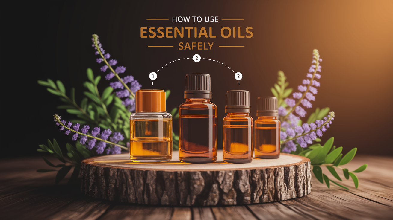 A clear, step-by-step visual illustration showing How to Use Essential Oils Safely. Focus on . Include visual elements like arrows, numbered steps, or sequential flow. Professional and instructional style. Style: Use shallow depth of field with selective focus to create a professional, intimate feel  Employ warm, natural lighting that casts a honey-golden glow on the main subjects  Position items on a rustic wooden surface, preferably a cross-section of a tree trunk with visible rings and natural texture  Incorporate vibrant green foliage and delicate purple flowers around the composition's edges  Maintain a soft, gently blurred natural background with subtle bokeh effect  Feature a harmonious color palette of amber, deep greens, and soft purples  Arrange elements at varying heights to create visual interest and natural flow  Create a clean, uncluttered composition that feels organic yet intentional  Capture fine details and textures with macro-photography techniques  Evoke a serene, botanical spa-like atmosphere that feels both premium and natural. high quality, detailed, professional, clean composition, good lighting, sharp focus, well-composed. high quality, professional, detailed, well-composed