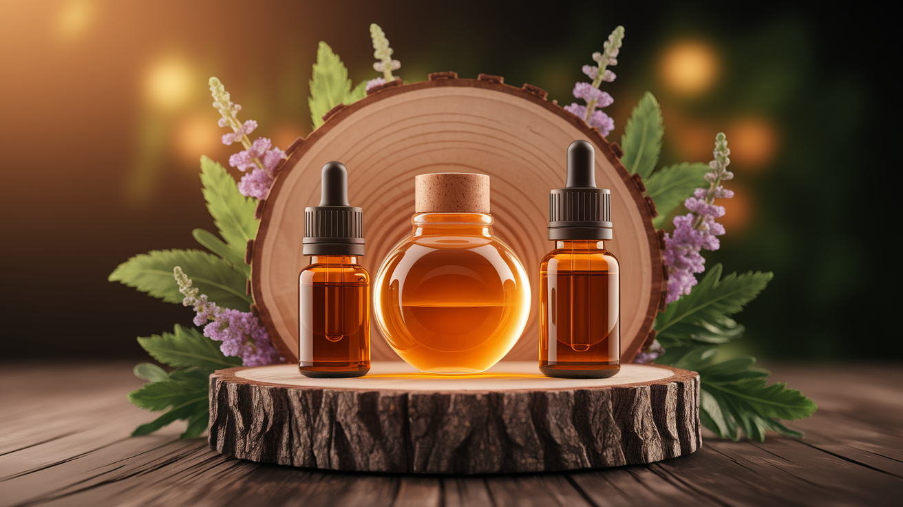 A conceptual illustration representing The Science Behind Essential Oils and Joint Health. Visualize the main ideas: . Creative but clear representation of the concept. Style: Use shallow depth of field with selective focus to create a professional, intimate feel  Employ warm, natural lighting that casts a honey-golden glow on the main subjects  Position items on a rustic wooden surface, preferably a cross-section of a tree trunk with visible rings and natural texture  Incorporate vibrant green foliage and delicate purple flowers around the composition's edges  Maintain a soft, gently blurred natural background with subtle bokeh effect  Feature a harmonious color palette of amber, deep greens, and soft purples  Arrange elements at varying heights to create visual interest and natural flow  Create a clean, uncluttered composition that feels organic yet intentional  Capture fine details and textures with macro-photography techniques  Evoke a serene, botanical spa-like atmosphere that feels both premium and natural. high quality, detailed, professional, clean composition, good lighting, sharp focus, well-composed. high quality, professional, detailed, well-composed