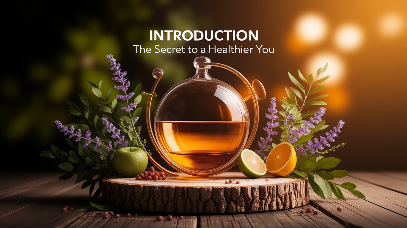 A conceptual illustration representing Introduction - The Secret to a Healthier You. Visualize the main ideas: . Creative but clear representation of the concept. Style: Use shallow depth of field with selective focus to create a professional, intimate feel  Employ warm, natural lighting that casts a honey-golden glow on the main subjects  Position items on a rustic wooden surface, preferably a cross-section of a tree trunk with visible rings and natural texture  Incorporate vibrant green foliage and delicate purple flowers around the composition's edges  Maintain a soft, gently blurred natural background with subtle bokeh effect  Feature a harmonious color palette of amber, deep greens, and soft purples  Arrange elements at varying heights to create visual interest and natural flow  Create a clean, uncluttered composition that feels organic yet intentional  Capture fine details and textures with macro-photography techniques  Evoke a serene, botanical spa-like atmosphere that feels both premium and natural. high quality, detailed, professional, clean composition, good lighting, sharp focus, well-composed. high quality, professional, detailed, well-composed