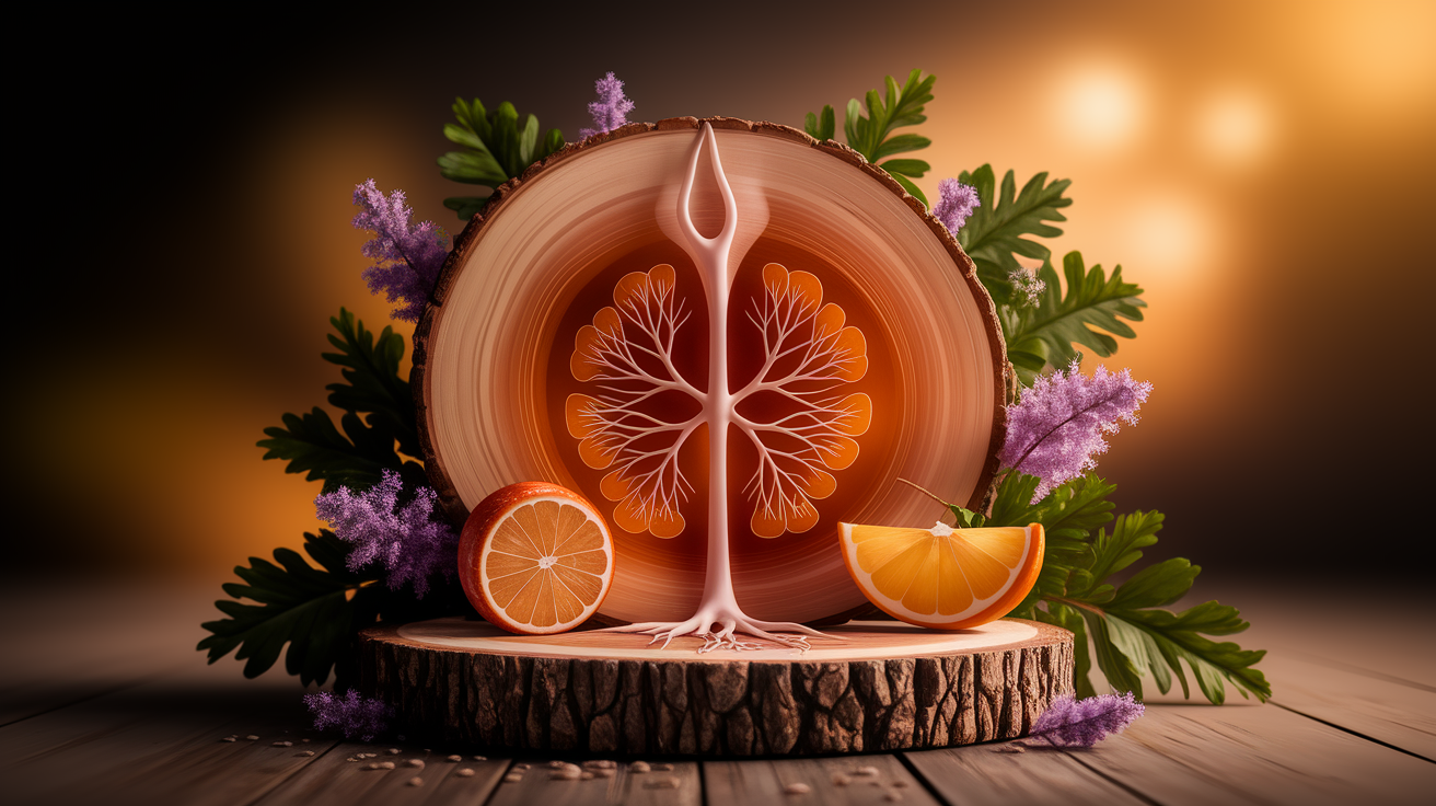 A conceptual illustration representing Understanding the Lymphatic System. Visualize the main ideas: . Creative but clear representation of the concept. Style: Use shallow depth of field with selective focus to create a professional, intimate feel  Employ warm, natural lighting that casts a honey-golden glow on the main subjects  Position items on a rustic wooden surface, preferably a cross-section of a tree trunk with visible rings and natural texture  Incorporate vibrant green foliage and delicate purple flowers around the composition's edges  Maintain a soft, gently blurred natural background with subtle bokeh effect  Feature a harmonious color palette of amber, deep greens, and soft purples  Arrange elements at varying heights to create visual interest and natural flow  Create a clean, uncluttered composition that feels organic yet intentional  Capture fine details and textures with macro-photography techniques  Evoke a serene, botanical spa-like atmosphere that feels both premium and natural. high quality, detailed, professional, clean composition, good lighting, sharp focus, well-composed. high quality, professional, detailed, well-composed