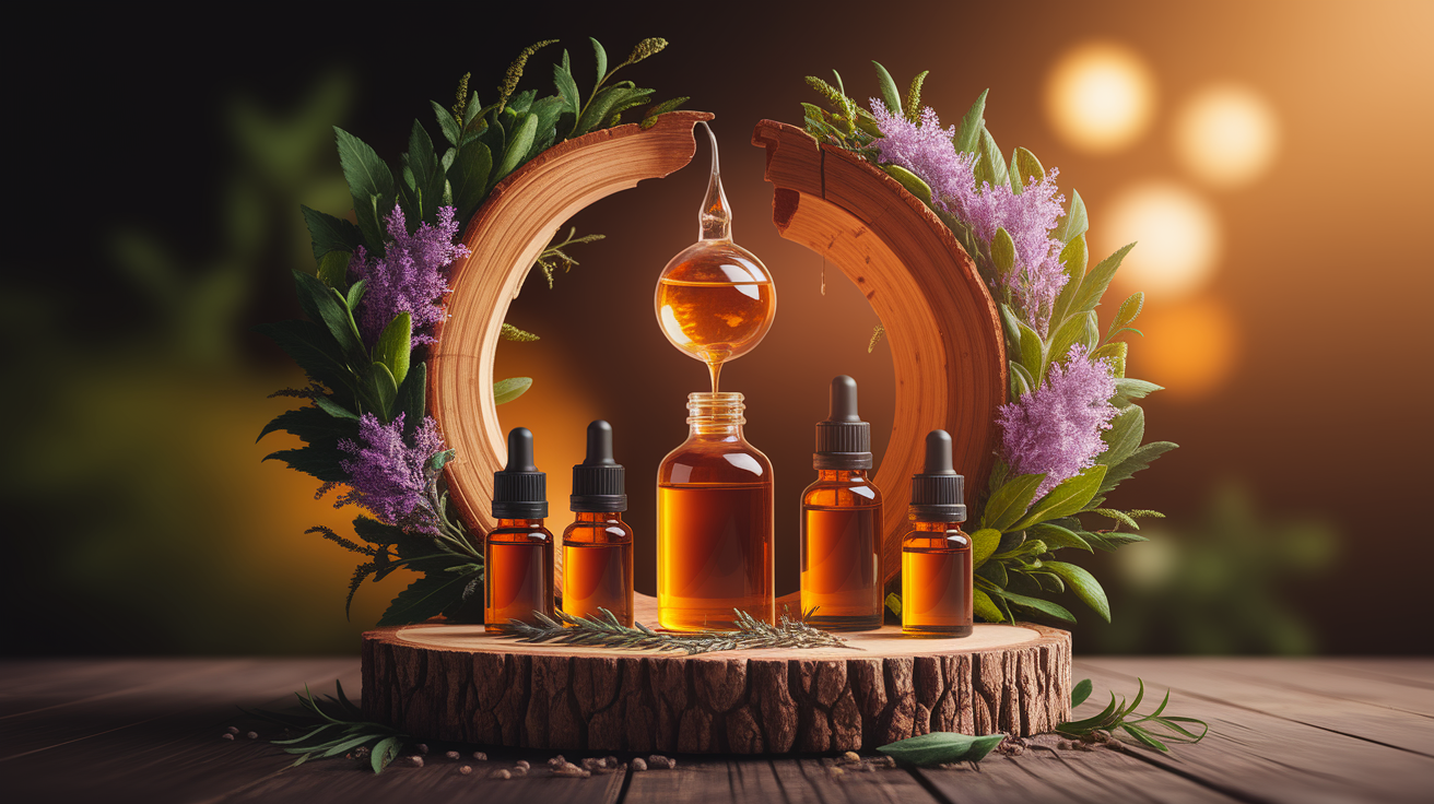 A conceptual illustration representing How Essential Oils Work. Visualize the main ideas: . Creative but clear representation of the concept. Style: Use shallow depth of field with selective focus to create a professional, intimate feel  Employ warm, natural lighting that casts a honey-golden glow on the main subjects  Position items on a rustic wooden surface, preferably a cross-section of a tree trunk with visible rings and natural texture  Incorporate vibrant green foliage and delicate purple flowers around the composition's edges  Maintain a soft, gently blurred natural background with subtle bokeh effect  Feature a harmonious color palette of amber, deep greens, and soft purples  Arrange elements at varying heights to create visual interest and natural flow  Create a clean, uncluttered composition that feels organic yet intentional  Capture fine details and textures with macro-photography techniques  Evoke a serene, botanical spa-like atmosphere that feels both premium and natural. high quality, detailed, professional, clean composition, good lighting, sharp focus, well-composed. high quality, professional, detailed, well-composed