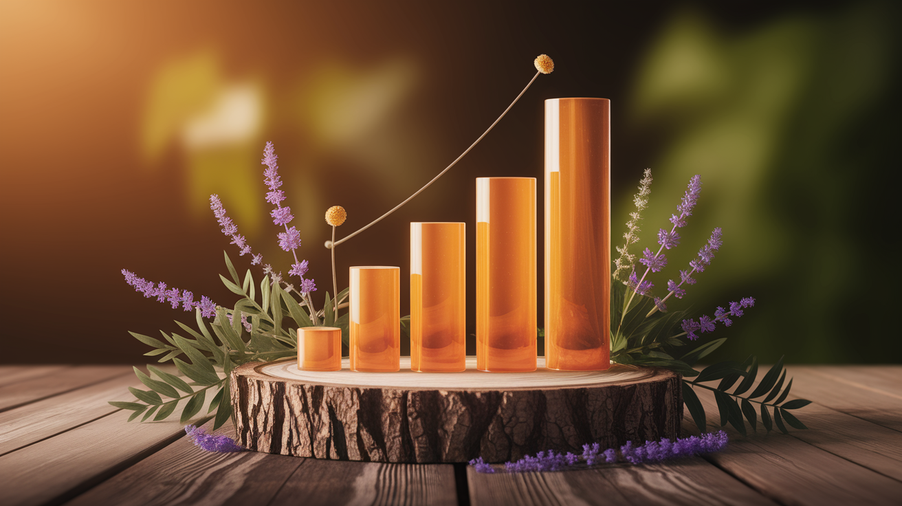 A conceptual illustration representing Evidence and Effectiveness. Visualize the main ideas: . Creative but clear representation of the concept. Style: Use shallow depth of field with selective focus to create a professional, intimate feel  Employ warm, natural lighting that casts a honey-golden glow on the main subjects  Position items on a rustic wooden surface, preferably a cross-section of a tree trunk with visible rings and natural texture  Incorporate vibrant green foliage and delicate purple flowers around the composition's edges  Maintain a soft, gently blurred natural background with subtle bokeh effect  Feature a harmonious color palette of amber, deep greens, and soft purples  Arrange elements at varying heights to create visual interest and natural flow  Create a clean, uncluttered composition that feels organic yet intentional  Capture fine details and textures with macro-photography techniques  Evoke a serene, botanical spa-like atmosphere that feels both premium and natural. high quality, detailed, professional, clean composition, good lighting, sharp focus, well-composed. high quality, professional, detailed, well-composed