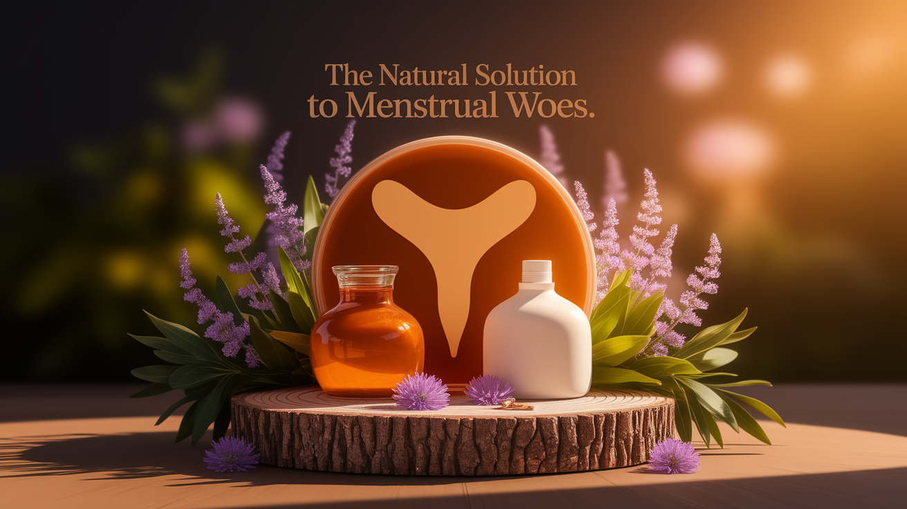 A conceptual illustration representing Introduction - The Natural Solution to Menstrual Woes. Visualize the main ideas: . Creative but clear representation of the concept. Style: Use shallow depth of field with selective focus to create a professional, intimate feel  Employ warm, natural lighting that casts a honey-golden glow on the main subjects  Position items on a rustic wooden surface, preferably a cross-section of a tree trunk with visible rings and natural texture  Incorporate vibrant green foliage and delicate purple flowers around the composition's edges  Maintain a soft, gently blurred natural background with subtle bokeh effect  Feature a harmonious color palette of amber, deep greens, and soft purples  Arrange elements at varying heights to create visual interest and natural flow  Create a clean, uncluttered composition that feels organic yet intentional  Capture fine details and textures with macro-photography techniques  Evoke a serene, botanical spa-like atmosphere that feels both premium and natural. high quality, detailed, professional, clean composition, good lighting, sharp focus, well-composed. high quality, professional, detailed, well-composed