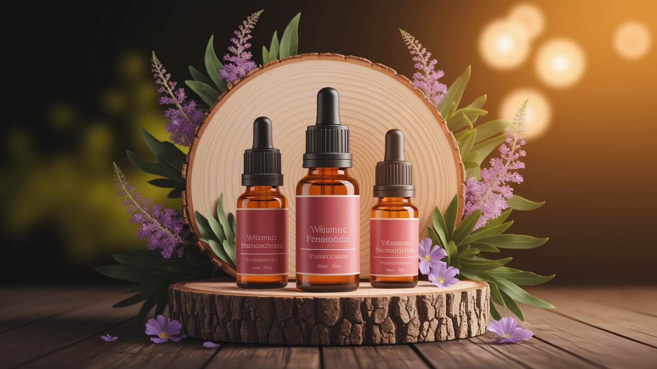 A conceptual illustration representing Essential Oils for Menstrual Pain Relief. Visualize the main ideas: . Creative but clear representation of the concept. Style: Use shallow depth of field with selective focus to create a professional, intimate feel  Employ warm, natural lighting that casts a honey-golden glow on the main subjects  Position items on a rustic wooden surface, preferably a cross-section of a tree trunk with visible rings and natural texture  Incorporate vibrant green foliage and delicate purple flowers around the composition's edges  Maintain a soft, gently blurred natural background with subtle bokeh effect  Feature a harmonious color palette of amber, deep greens, and soft purples  Arrange elements at varying heights to create visual interest and natural flow  Create a clean, uncluttered composition that feels organic yet intentional  Capture fine details and textures with macro-photography techniques  Evoke a serene, botanical spa-like atmosphere that feels both premium and natural. high quality, detailed, professional, clean composition, good lighting, sharp focus, well-composed. high quality, professional, detailed, well-composed