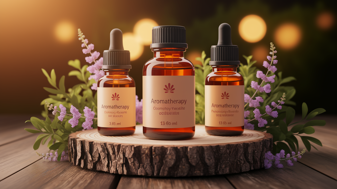 A conceptual illustration representing Personalized Aromatherapy Based on Menstrual Phases. Visualize the main ideas: . Creative but clear representation of the concept. Style: Use shallow depth of field with selective focus to create a professional, intimate feel  Employ warm, natural lighting that casts a honey-golden glow on the main subjects  Position items on a rustic wooden surface, preferably a cross-section of a tree trunk with visible rings and natural texture  Incorporate vibrant green foliage and delicate purple flowers around the composition's edges  Maintain a soft, gently blurred natural background with subtle bokeh effect  Feature a harmonious color palette of amber, deep greens, and soft purples  Arrange elements at varying heights to create visual interest and natural flow  Create a clean, uncluttered composition that feels organic yet intentional  Capture fine details and textures with macro-photography techniques  Evoke a serene, botanical spa-like atmosphere that feels both premium and natural. high quality, detailed, professional, clean composition, good lighting, sharp focus, well-composed. high quality, professional, detailed, well-composed