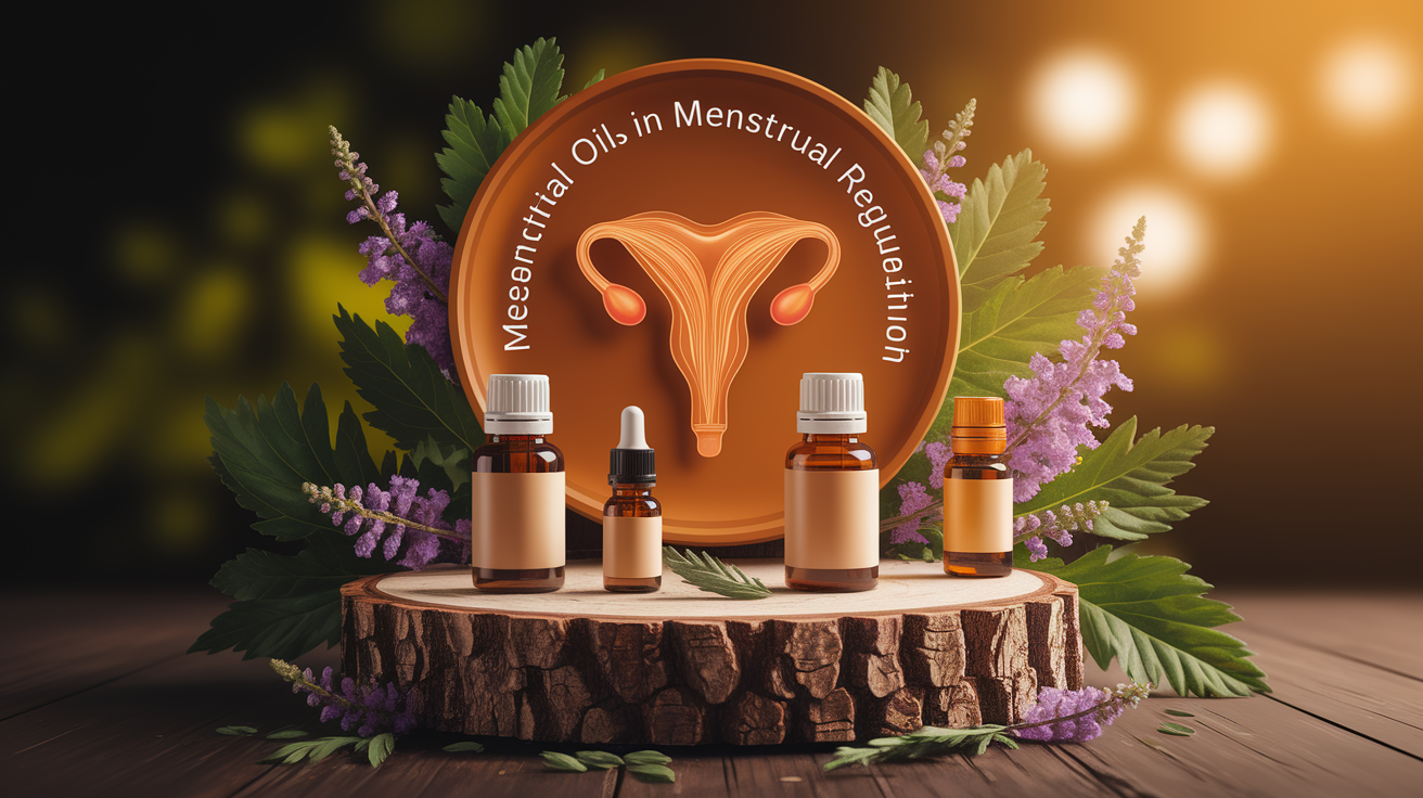 A conceptual illustration representing Mechanisms of Essential Oils in Menstrual Regulation. Visualize the main ideas: . Creative but clear representation of the concept. Style: Use shallow depth of field with selective focus to create a professional, intimate feel  Employ warm, natural lighting that casts a honey-golden glow on the main subjects  Position items on a rustic wooden surface, preferably a cross-section of a tree trunk with visible rings and natural texture  Incorporate vibrant green foliage and delicate purple flowers around the composition's edges  Maintain a soft, gently blurred natural background with subtle bokeh effect  Feature a harmonious color palette of amber, deep greens, and soft purples  Arrange elements at varying heights to create visual interest and natural flow  Create a clean, uncluttered composition that feels organic yet intentional  Capture fine details and textures with macro-photography techniques  Evoke a serene, botanical spa-like atmosphere that feels both premium and natural. high quality, detailed, professional, clean composition, good lighting, sharp focus, well-composed. high quality, professional, detailed, well-composed