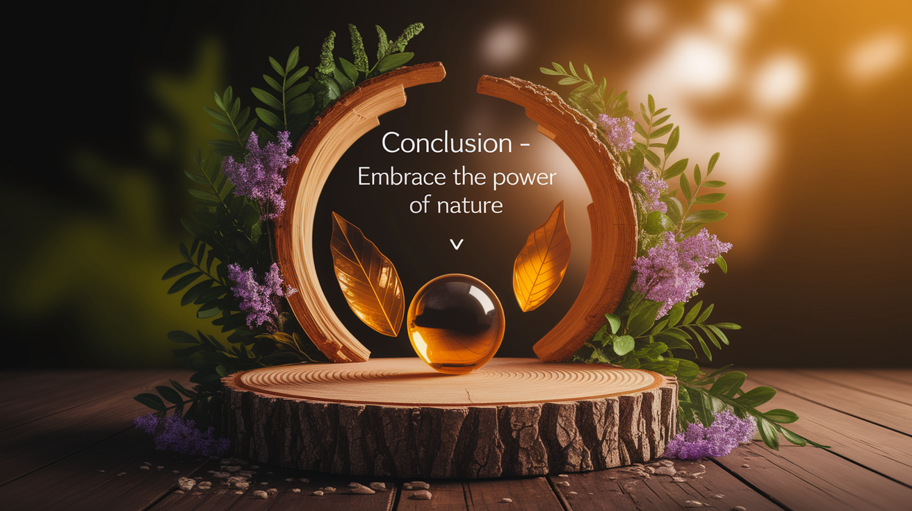 A conceptual illustration representing Conclusion - Embrace the Power of Nature. Visualize the main ideas: . Creative but clear representation of the concept. Style: Use shallow depth of field with selective focus to create a professional, intimate feel  Employ warm, natural lighting that casts a honey-golden glow on the main subjects  Position items on a rustic wooden surface, preferably a cross-section of a tree trunk with visible rings and natural texture  Incorporate vibrant green foliage and delicate purple flowers around the composition's edges  Maintain a soft, gently blurred natural background with subtle bokeh effect  Feature a harmonious color palette of amber, deep greens, and soft purples  Arrange elements at varying heights to create visual interest and natural flow  Create a clean, uncluttered composition that feels organic yet intentional  Capture fine details and textures with macro-photography techniques  Evoke a serene, botanical spa-like atmosphere that feels both premium and natural. high quality, detailed, professional, clean composition, good lighting, sharp focus, well-composed. high quality, professional, detailed, well-composed