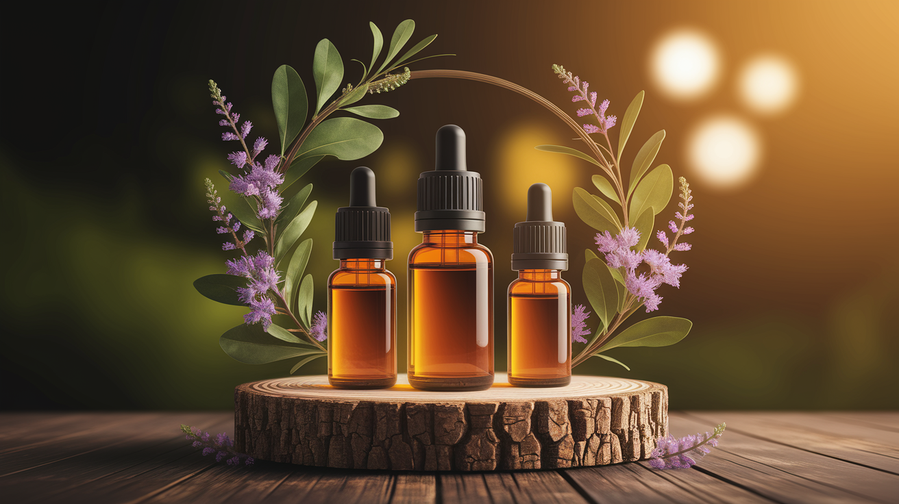 A conceptual illustration representing Top Essential Oils for Aging Skin. Visualize the main ideas: . Creative but clear representation of the concept. Style: Use shallow depth of field with selective focus to create a professional, intimate feel  Employ warm, natural lighting that casts a honey-golden glow on the main subjects  Position items on a rustic wooden surface, preferably a cross-section of a tree trunk with visible rings and natural texture  Incorporate vibrant green foliage and delicate purple flowers around the composition's edges  Maintain a soft, gently blurred natural background with subtle bokeh effect  Feature a harmonious color palette of amber, deep greens, and soft purples  Arrange elements at varying heights to create visual interest and natural flow  Create a clean, uncluttered composition that feels organic yet intentional  Capture fine details and textures with macro-photography techniques  Evoke a serene, botanical spa-like atmosphere that feels both premium and natural. high quality, detailed, professional, clean composition, good lighting, sharp focus, well-composed. high quality, professional, detailed, well-composed