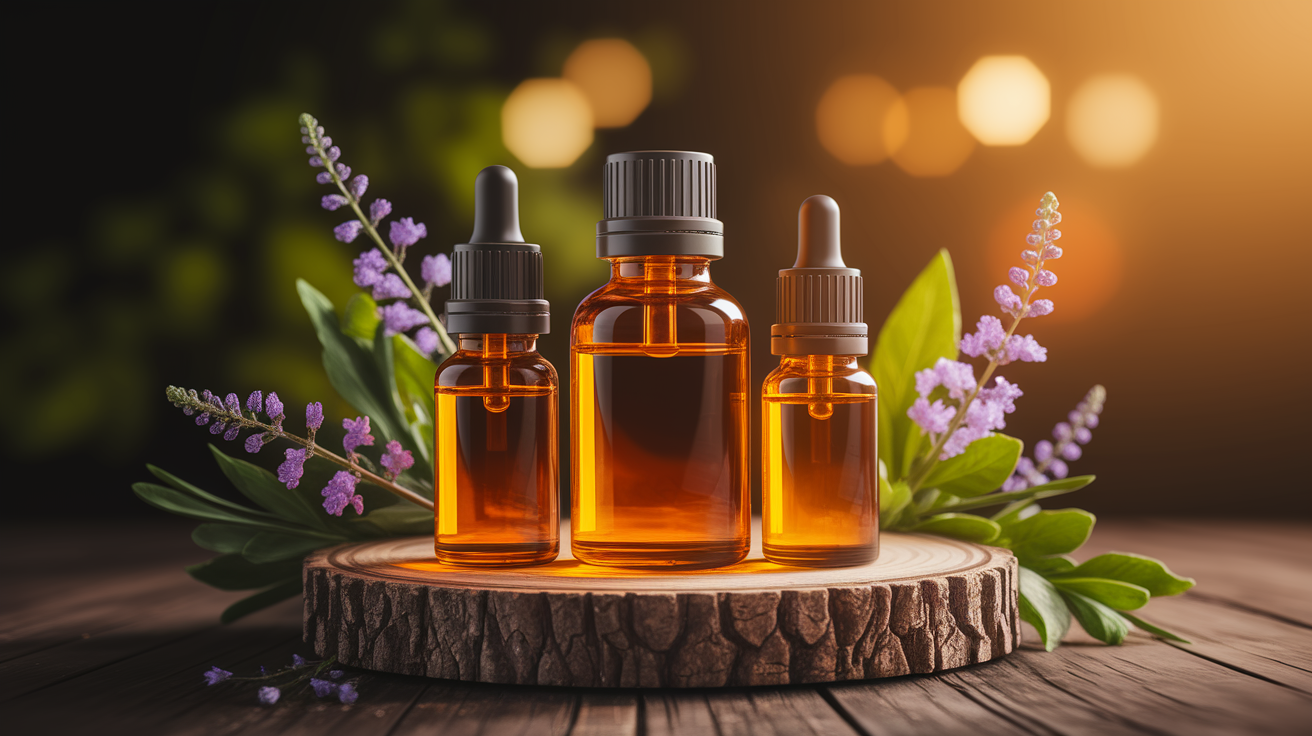 A conceptual illustration representing The Science Behind Essential Oils and Skin Aging. Visualize the main ideas: . Creative but clear representation of the concept. Style: Use shallow depth of field with selective focus to create a professional, intimate feel  Employ warm, natural lighting that casts a honey-golden glow on the main subjects  Position items on a rustic wooden surface, preferably a cross-section of a tree trunk with visible rings and natural texture  Incorporate vibrant green foliage and delicate purple flowers around the composition's edges  Maintain a soft, gently blurred natural background with subtle bokeh effect  Feature a harmonious color palette of amber, deep greens, and soft purples  Arrange elements at varying heights to create visual interest and natural flow  Create a clean, uncluttered composition that feels organic yet intentional  Capture fine details and textures with macro-photography techniques  Evoke a serene, botanical spa-like atmosphere that feels both premium and natural. high quality, detailed, professional, clean composition, good lighting, sharp focus, well-composed. high quality, professional, detailed, well-composed