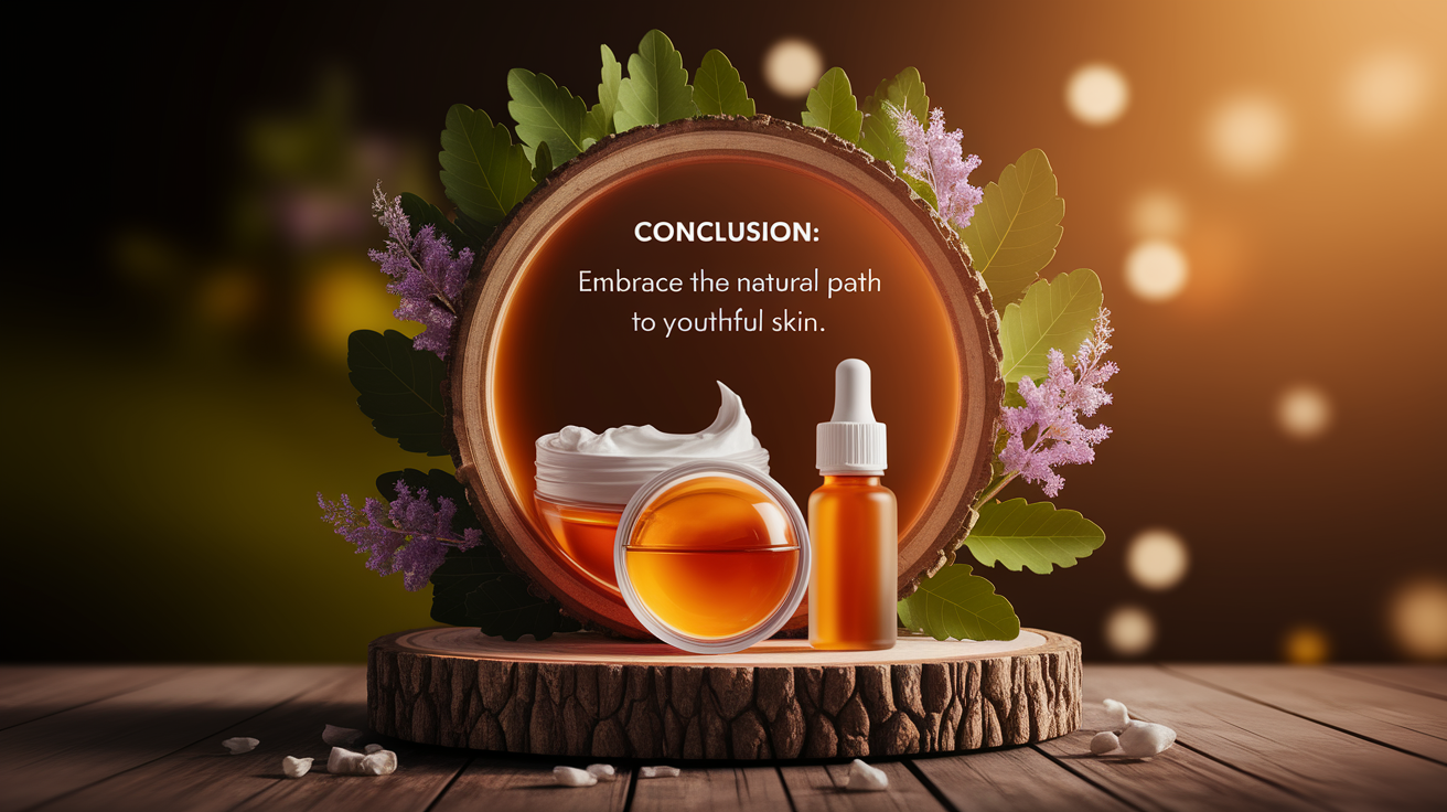 A conceptual illustration representing Conclusion: Embrace the Natural Path to Youthful Skin. Visualize the main ideas: . Creative but clear representation of the concept. Style: Use shallow depth of field with selective focus to create a professional, intimate feel  Employ warm, natural lighting that casts a honey-golden glow on the main subjects  Position items on a rustic wooden surface, preferably a cross-section of a tree trunk with visible rings and natural texture  Incorporate vibrant green foliage and delicate purple flowers around the composition's edges  Maintain a soft, gently blurred natural background with subtle bokeh effect  Feature a harmonious color palette of amber, deep greens, and soft purples  Arrange elements at varying heights to create visual interest and natural flow  Create a clean, uncluttered composition that feels organic yet intentional  Capture fine details and textures with macro-photography techniques  Evoke a serene, botanical spa-like atmosphere that feels both premium and natural. high quality, detailed, professional, clean composition, good lighting, sharp focus, well-composed. high quality, professional, detailed, well-composed