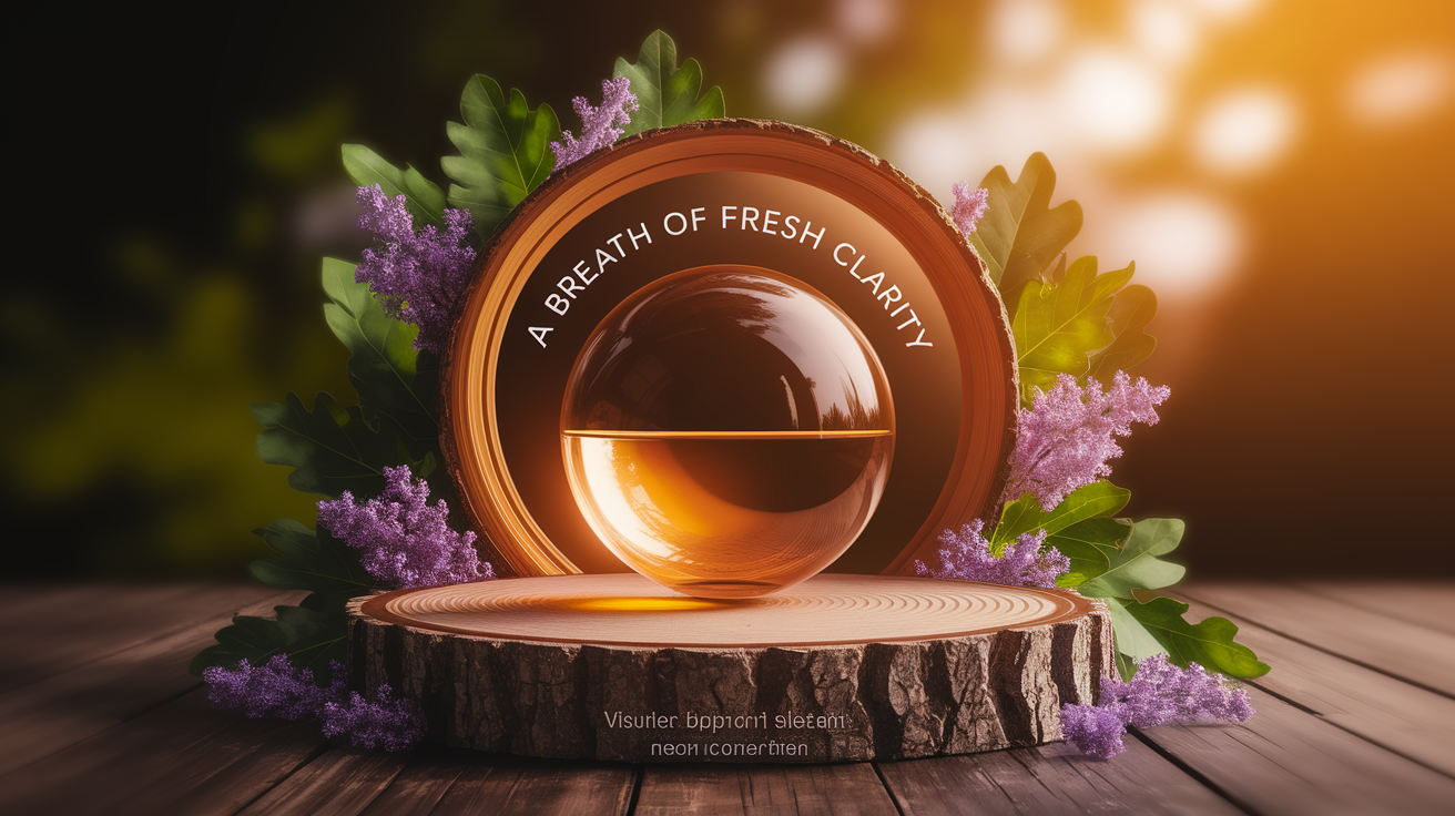A conceptual illustration representing Introduction - A Breath of Fresh Clarity. Visualize the main ideas: . Creative but clear representation of the concept. Style: Use shallow depth of field with selective focus to create a professional, intimate feel  Employ warm, natural lighting that casts a honey-golden glow on the main subjects  Position items on a rustic wooden surface, preferably a cross-section of a tree trunk with visible rings and natural texture  Incorporate vibrant green foliage and delicate purple flowers around the composition's edges  Maintain a soft, gently blurred natural background with subtle bokeh effect  Feature a harmonious color palette of amber, deep greens, and soft purples  Arrange elements at varying heights to create visual interest and natural flow  Create a clean, uncluttered composition that feels organic yet intentional  Capture fine details and textures with macro-photography techniques  Evoke a serene, botanical spa-like atmosphere that feels both premium and natural. high quality, detailed, professional, clean composition, good lighting, sharp focus, well-composed. high quality, professional, detailed, well-composed