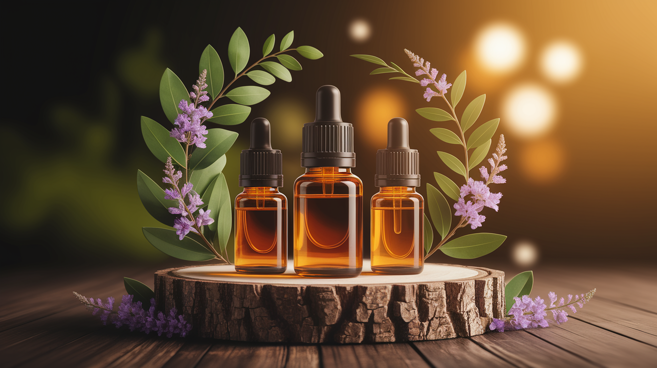 A conceptual illustration representing Key Essential Oils for Cognitive Enhancement. Visualize the main ideas: . Creative but clear representation of the concept. Style: Use shallow depth of field with selective focus to create a professional, intimate feel  Employ warm, natural lighting that casts a honey-golden glow on the main subjects  Position items on a rustic wooden surface, preferably a cross-section of a tree trunk with visible rings and natural texture  Incorporate vibrant green foliage and delicate purple flowers around the composition's edges  Maintain a soft, gently blurred natural background with subtle bokeh effect  Feature a harmonious color palette of amber, deep greens, and soft purples  Arrange elements at varying heights to create visual interest and natural flow  Create a clean, uncluttered composition that feels organic yet intentional  Capture fine details and textures with macro-photography techniques  Evoke a serene, botanical spa-like atmosphere that feels both premium and natural. high quality, detailed, professional, clean composition, good lighting, sharp focus, well-composed. high quality, professional, detailed, well-composed