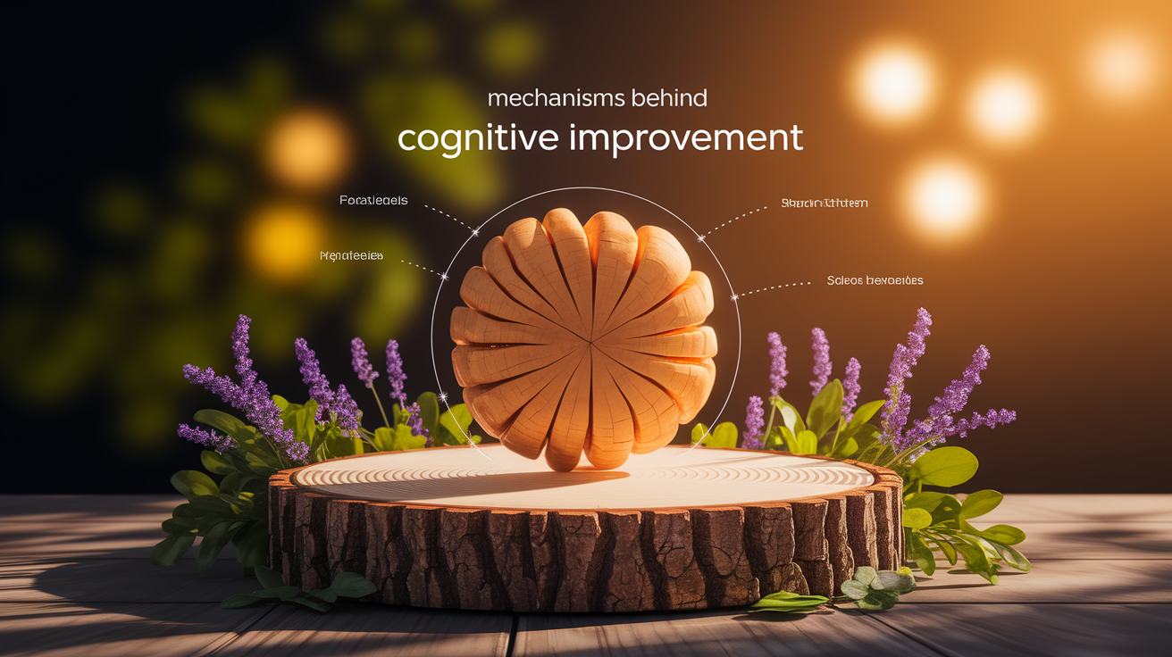 A conceptual illustration representing Mechanisms Behind Cognitive Improvement. Visualize the main ideas: . Creative but clear representation of the concept. Style: Use shallow depth of field with selective focus to create a professional, intimate feel  Employ warm, natural lighting that casts a honey-golden glow on the main subjects  Position items on a rustic wooden surface, preferably a cross-section of a tree trunk with visible rings and natural texture  Incorporate vibrant green foliage and delicate purple flowers around the composition's edges  Maintain a soft, gently blurred natural background with subtle bokeh effect  Feature a harmonious color palette of amber, deep greens, and soft purples  Arrange elements at varying heights to create visual interest and natural flow  Create a clean, uncluttered composition that feels organic yet intentional  Capture fine details and textures with macro-photography techniques  Evoke a serene, botanical spa-like atmosphere that feels both premium and natural. high quality, detailed, professional, clean composition, good lighting, sharp focus, well-composed. high quality, professional, detailed, well-composed