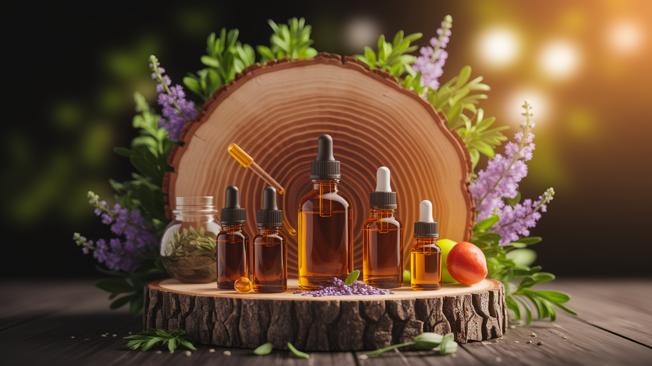 A conceptual illustration representing The Science Behind Essential Oils in Nutrition. Visualize the main ideas: . Creative but clear representation of the concept. Style: Use shallow depth of field with selective focus to create a professional, intimate feel  Employ warm, natural lighting that casts a honey-golden glow on the main subjects  Position items on a rustic wooden surface, preferably a cross-section of a tree trunk with visible rings and natural texture  Incorporate vibrant green foliage and delicate purple flowers around the composition's edges  Maintain a soft, gently blurred natural background with subtle bokeh effect  Feature a harmonious color palette of amber, deep greens, and soft purples  Arrange elements at varying heights to create visual interest and natural flow  Create a clean, uncluttered composition that feels organic yet intentional  Capture fine details and textures with macro-photography techniques  Evoke a serene, botanical spa-like atmosphere that feels both premium and natural. high quality, detailed, professional, clean composition, good lighting, sharp focus, well-composed. high quality, professional, detailed, well-composed