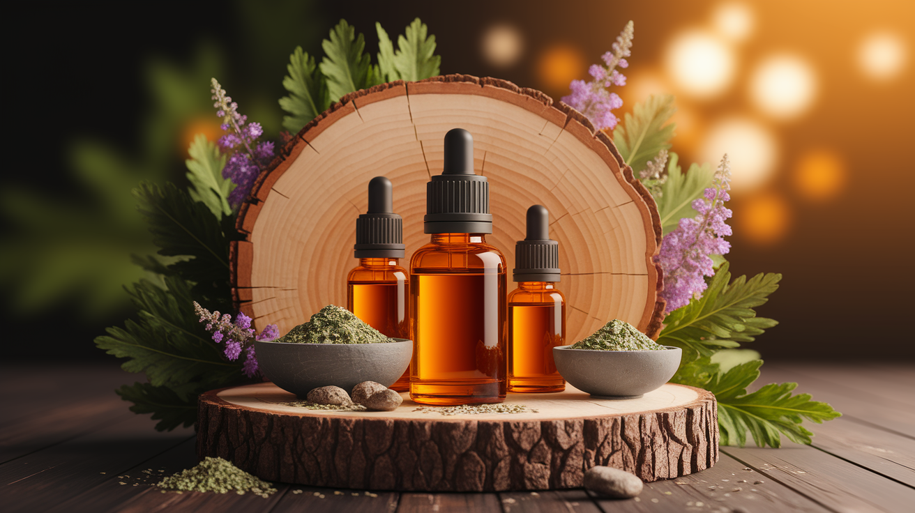 A conceptual illustration representing Popular Essential Oils for Nutrition Support. Visualize the main ideas: . Creative but clear representation of the concept. Style: Use shallow depth of field with selective focus to create a professional, intimate feel  Employ warm, natural lighting that casts a honey-golden glow on the main subjects  Position items on a rustic wooden surface, preferably a cross-section of a tree trunk with visible rings and natural texture  Incorporate vibrant green foliage and delicate purple flowers around the composition's edges  Maintain a soft, gently blurred natural background with subtle bokeh effect  Feature a harmonious color palette of amber, deep greens, and soft purples  Arrange elements at varying heights to create visual interest and natural flow  Create a clean, uncluttered composition that feels organic yet intentional  Capture fine details and textures with macro-photography techniques  Evoke a serene, botanical spa-like atmosphere that feels both premium and natural. high quality, detailed, professional, clean composition, good lighting, sharp focus, well-composed. high quality, professional, detailed, well-composed