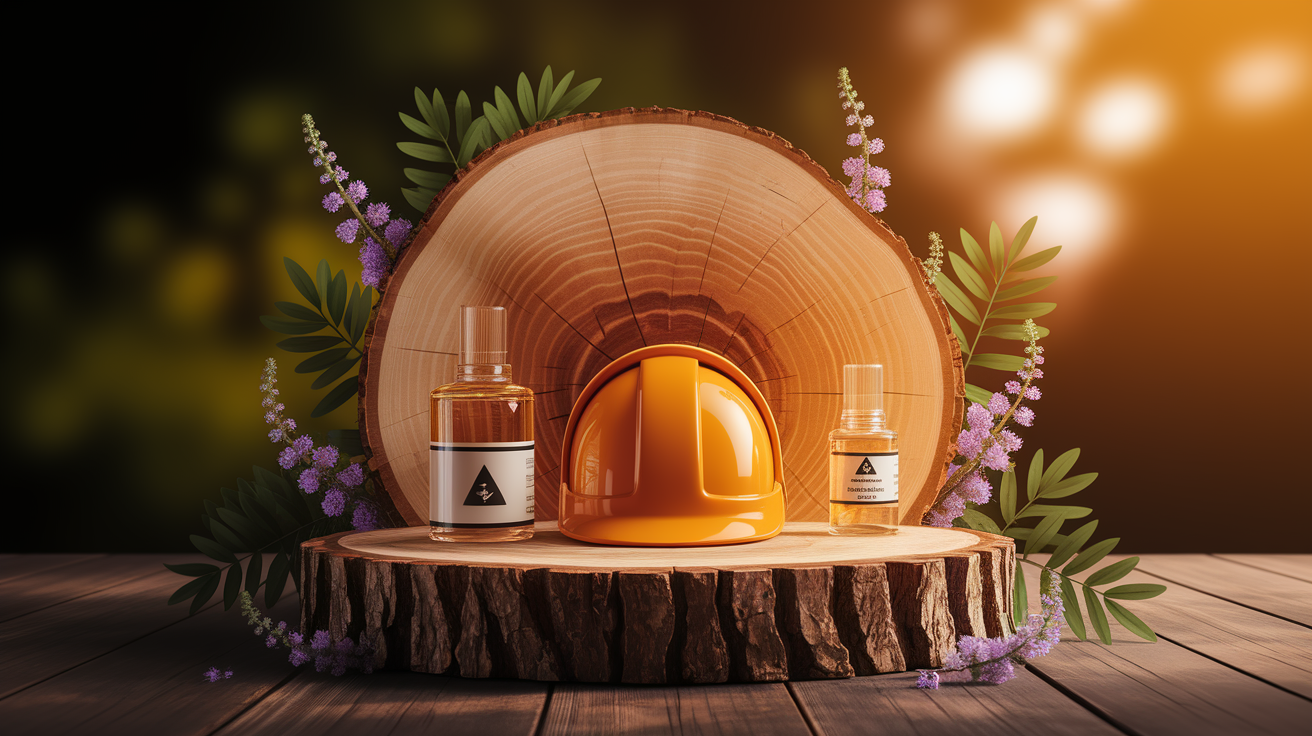 A conceptual illustration representing Safety and Regulation Considerations. Visualize the main ideas: . Creative but clear representation of the concept. Style: Use shallow depth of field with selective focus to create a professional, intimate feel  Employ warm, natural lighting that casts a honey-golden glow on the main subjects  Position items on a rustic wooden surface, preferably a cross-section of a tree trunk with visible rings and natural texture  Incorporate vibrant green foliage and delicate purple flowers around the composition's edges  Maintain a soft, gently blurred natural background with subtle bokeh effect  Feature a harmonious color palette of amber, deep greens, and soft purples  Arrange elements at varying heights to create visual interest and natural flow  Create a clean, uncluttered composition that feels organic yet intentional  Capture fine details and textures with macro-photography techniques  Evoke a serene, botanical spa-like atmosphere that feels both premium and natural. high quality, detailed, professional, clean composition, good lighting, sharp focus, well-composed. high quality, professional, detailed, well-composed